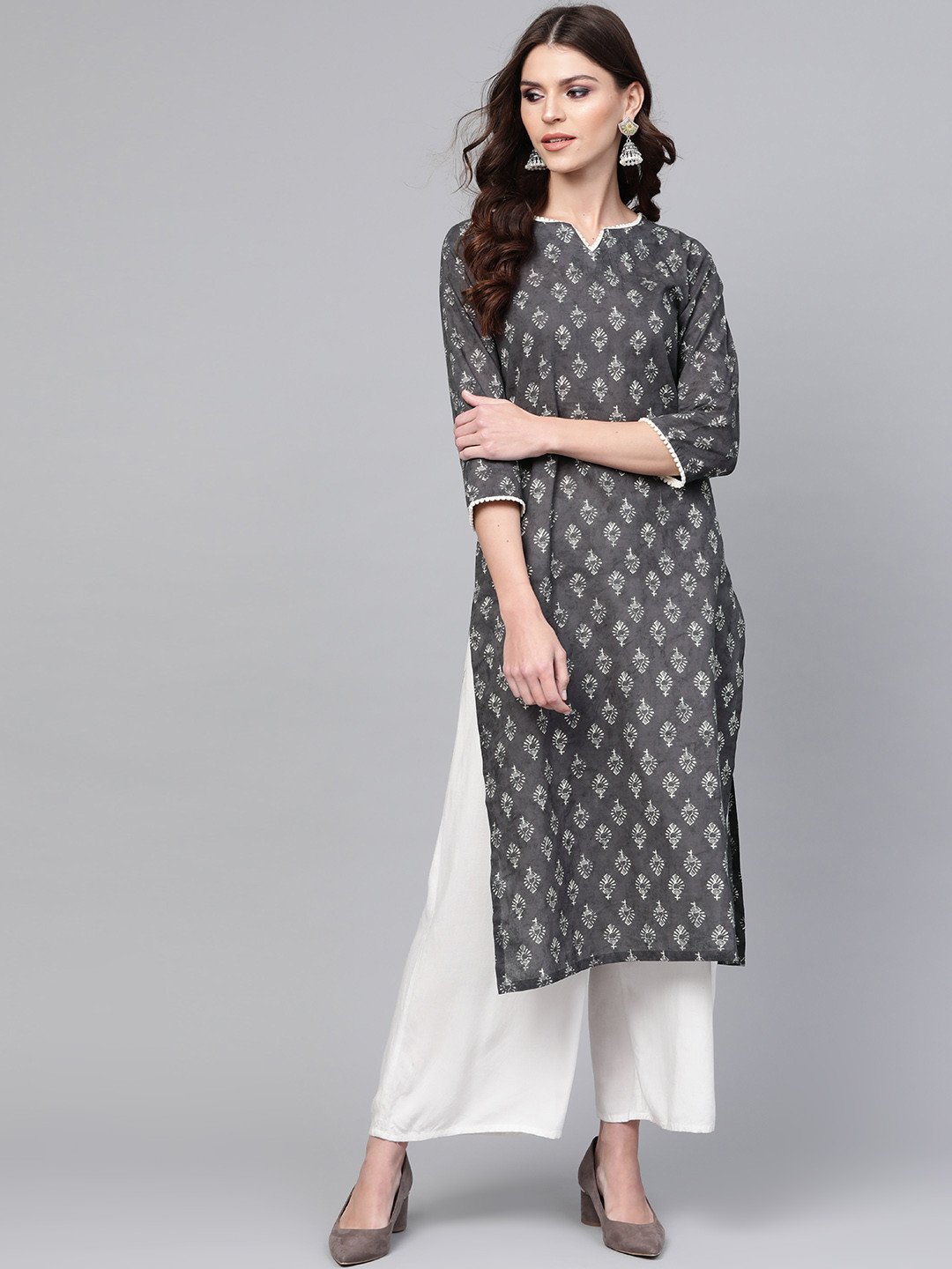 

AHIKA Women Charcoal Grey & Off-White Printed Straight Kurta