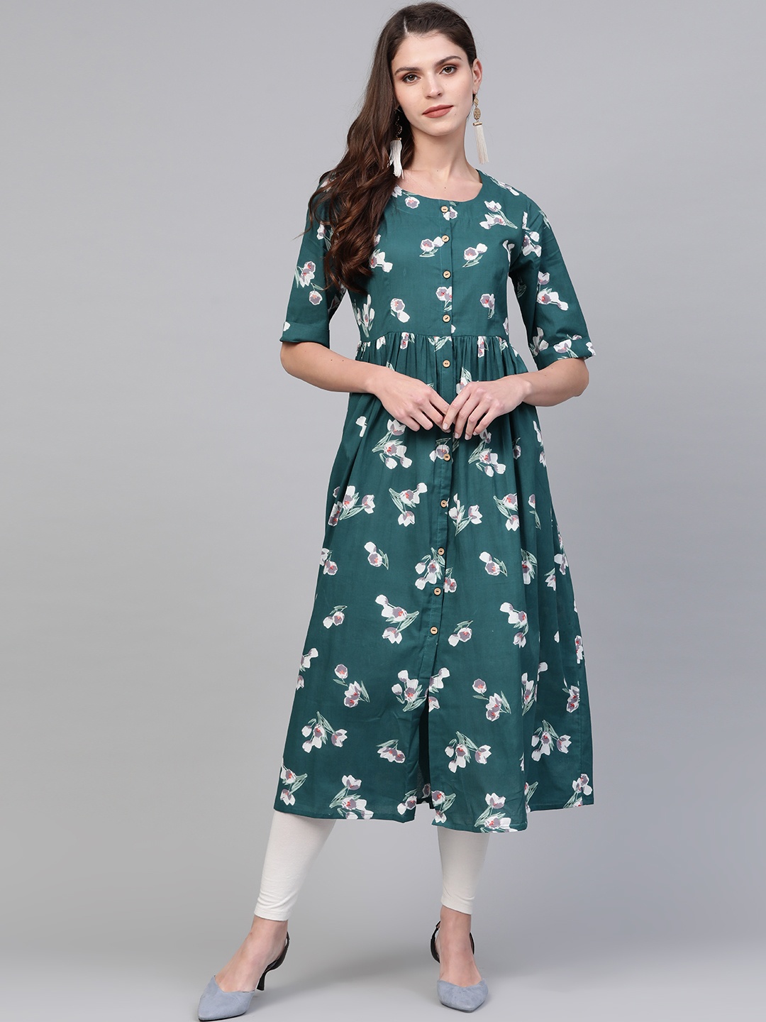 

AHIKA Women Teal Blue & Off-White Printed A-Line Kurta