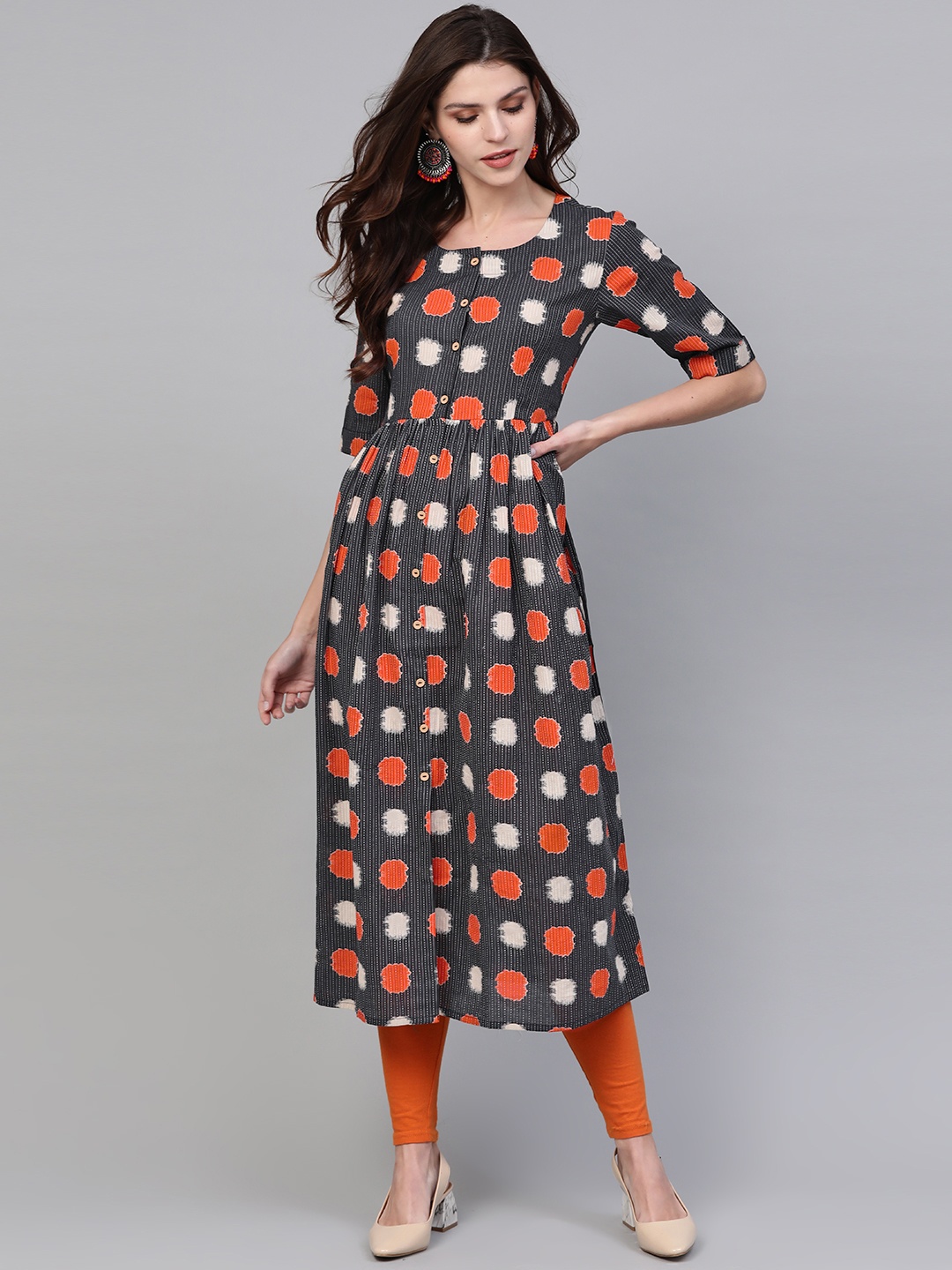 

AHIKA Women Charcoal Grey & Orange Printed A-Line Kurta