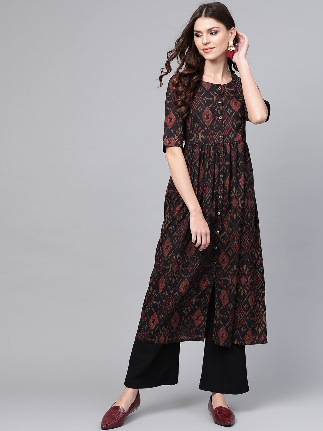 

AHIKA Women Black & Maroon Printed A-Line Kurta
