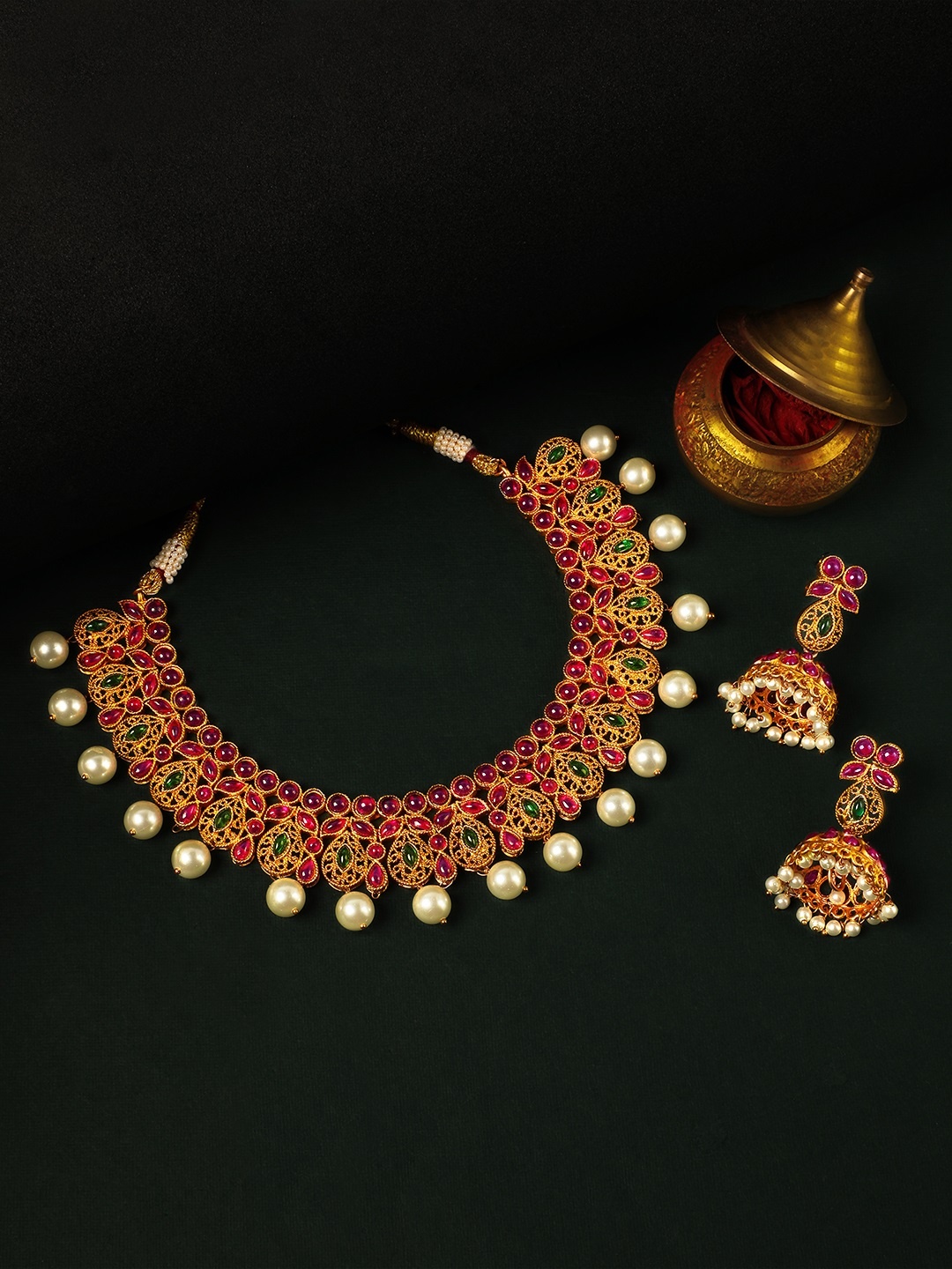 

Rubans Gold-Plated & Red Color Stone-Studded Handcrafted Jewellery Set