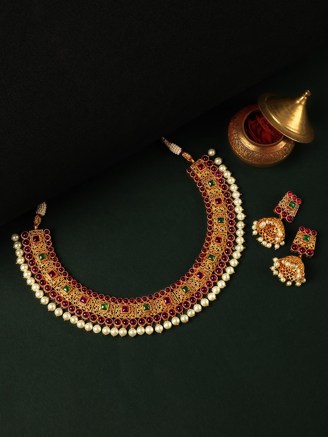 

Rubans Gold-Plated & Red Color Stone-Studded Handcrafted Jewellery Set