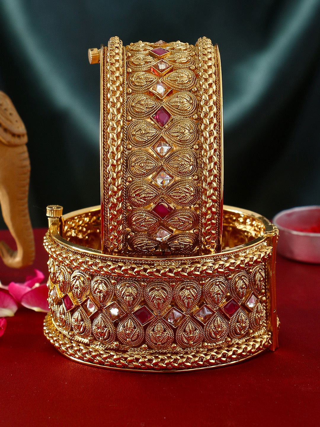 

Adwitiya Collection Set of 2 Gold-Plated Magenta Stone Studded Handcrafted Bangles