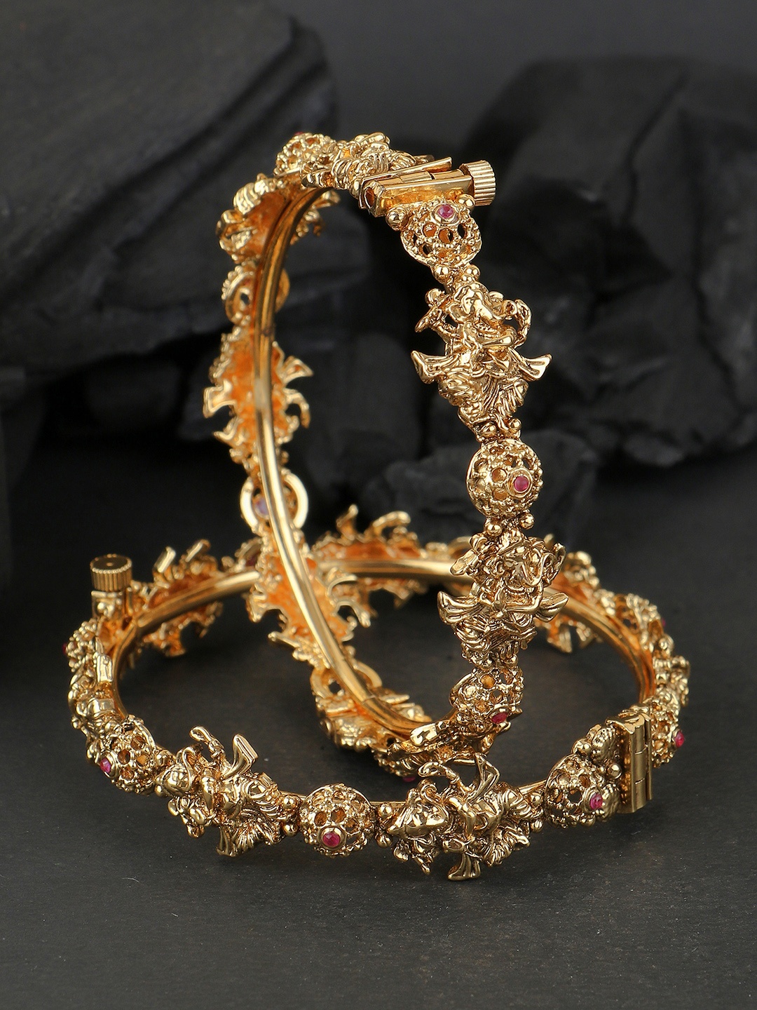 

Adwitiya Collection Set of 2 Gold-Plated Magenta Stone Studded Handcrafted Bangles