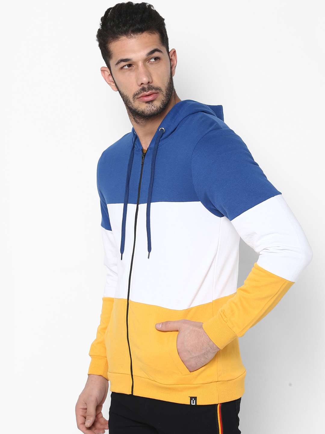 

Urbano Fashion Men Blue & White Colourblocked Hooded Sweatshirt