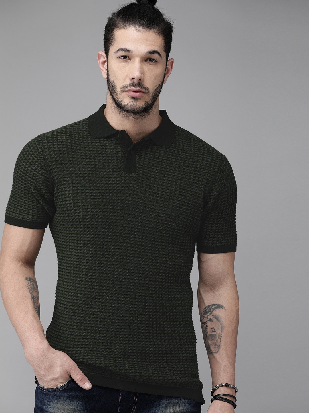 

Roadster Men Black Olive Green Self Design Polo Collar Pure Cotton T-shirt