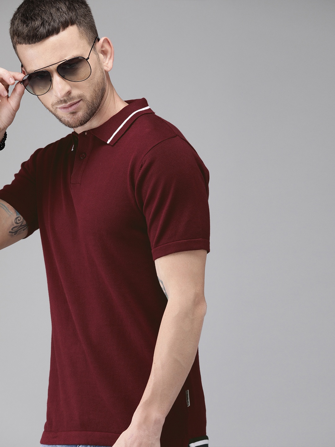 

Roadster Men Maroon Solid Polo Collar Pure Cotton T-shirt