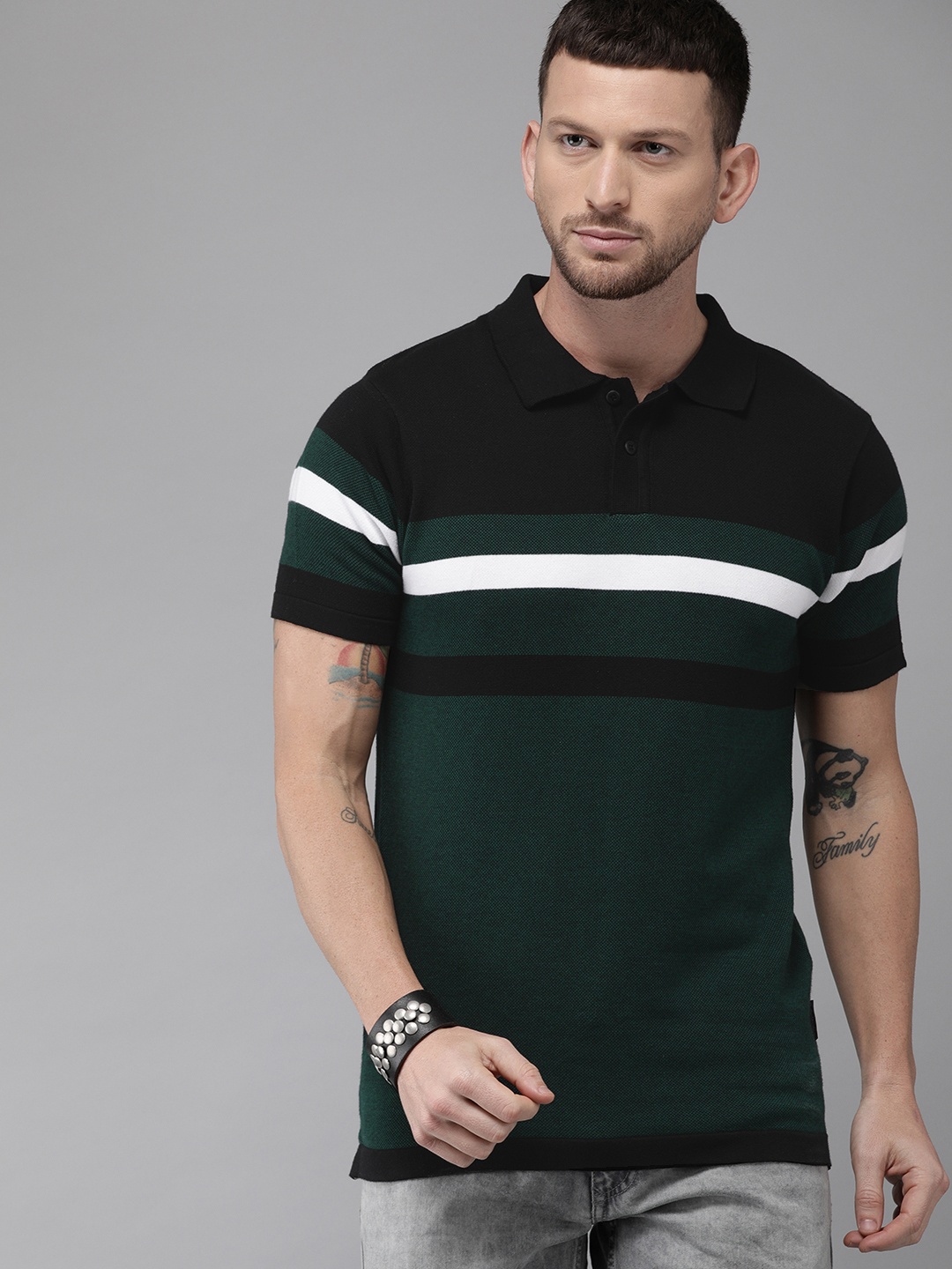 

Roadster Men Teal Green Black Striped Polo Collar Pure Cotton T-shirt