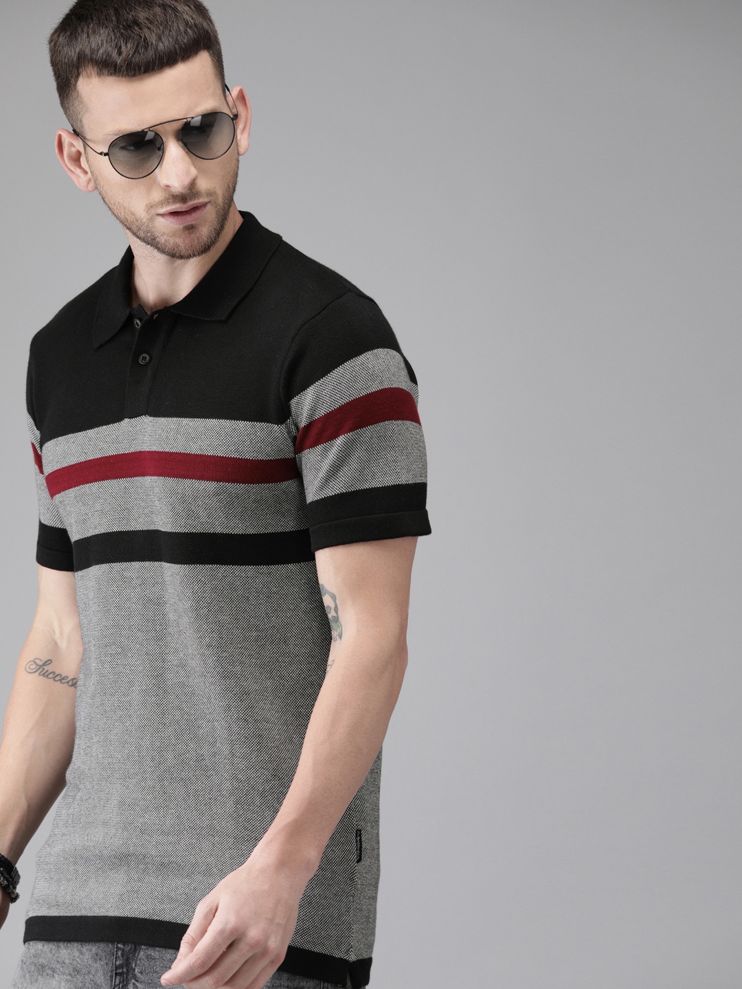 

Roadster Men Grey Melange Black Striped Polo Collar Pure Cotton T-shirt