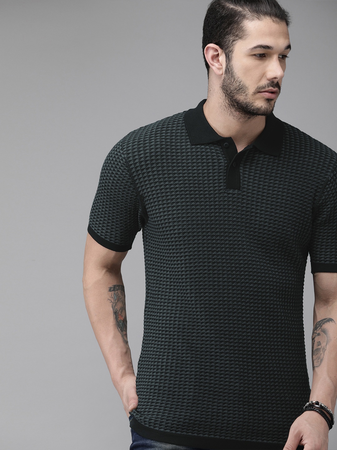 

Roadster Men Charcoal Grey Black Self Design Polo Collar Pure Cotton T-shirt