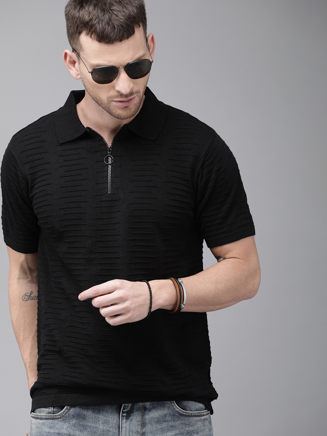 

Roadster Men Black Self Design Polo Collar Pure Cotton T-shirt