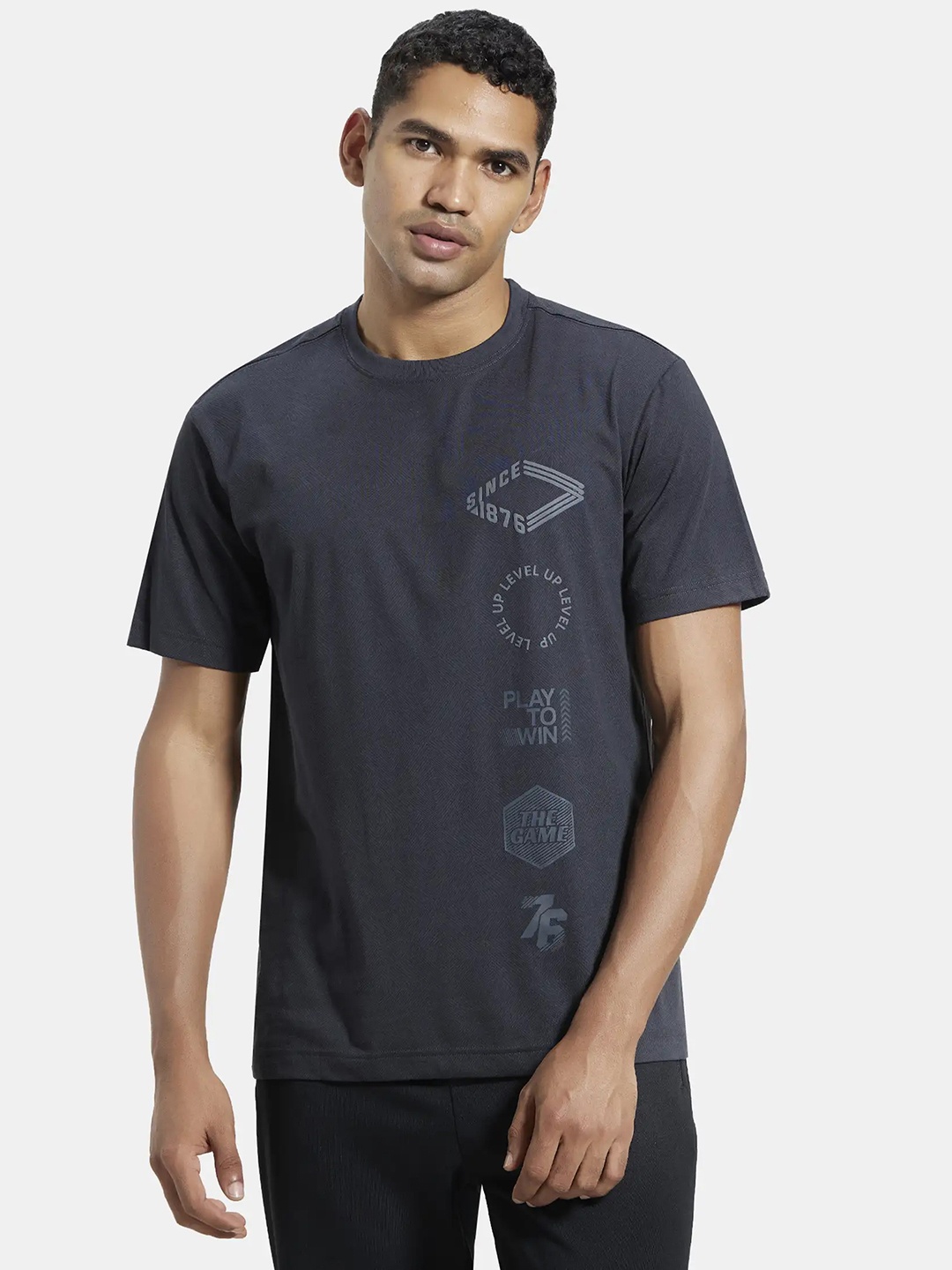 Jockey Men Charcoal Grey Super Combed Cotton Dyed Typography Pure Cotton T-shirt