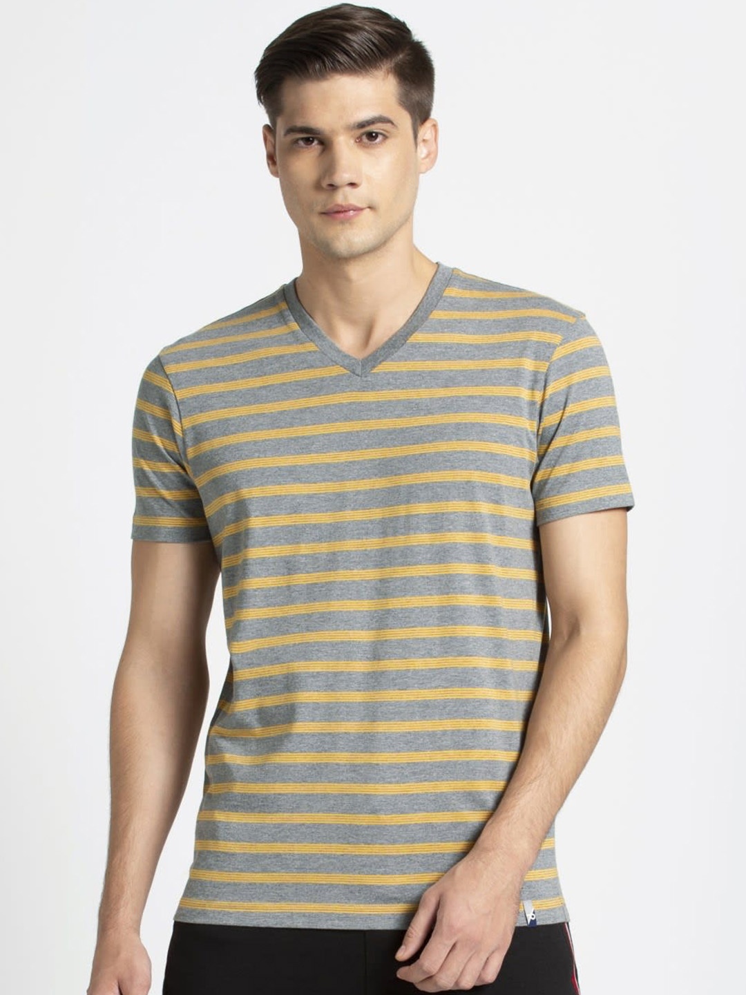 

Jockey Men Grey & Yellow Striped Comfort Fit Round Neck Athleisure T-shirt