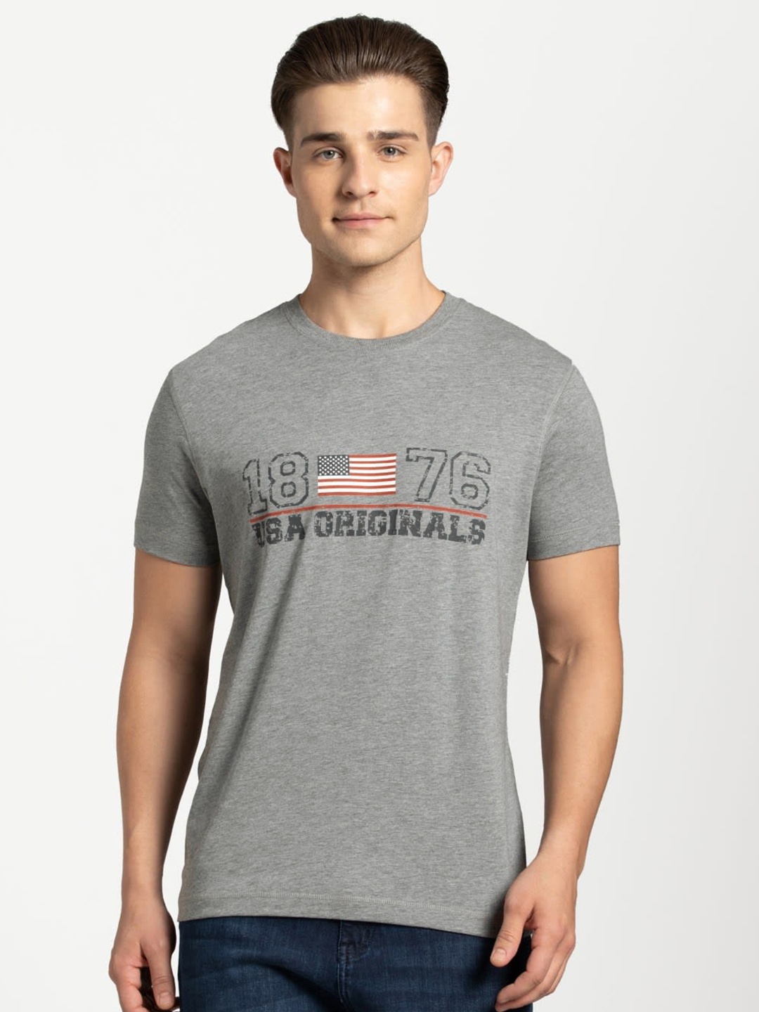 

Jockey Men Grey Modern Fit Printed Round Neck T-shirt