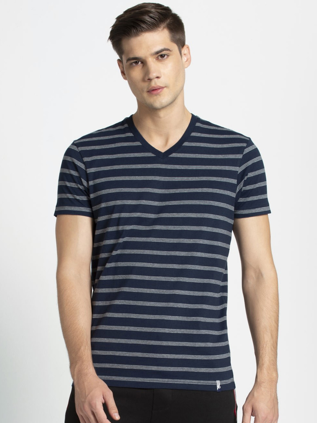 

Jockey Men Navy Blue & Grey Striped V-Neck T-shirt