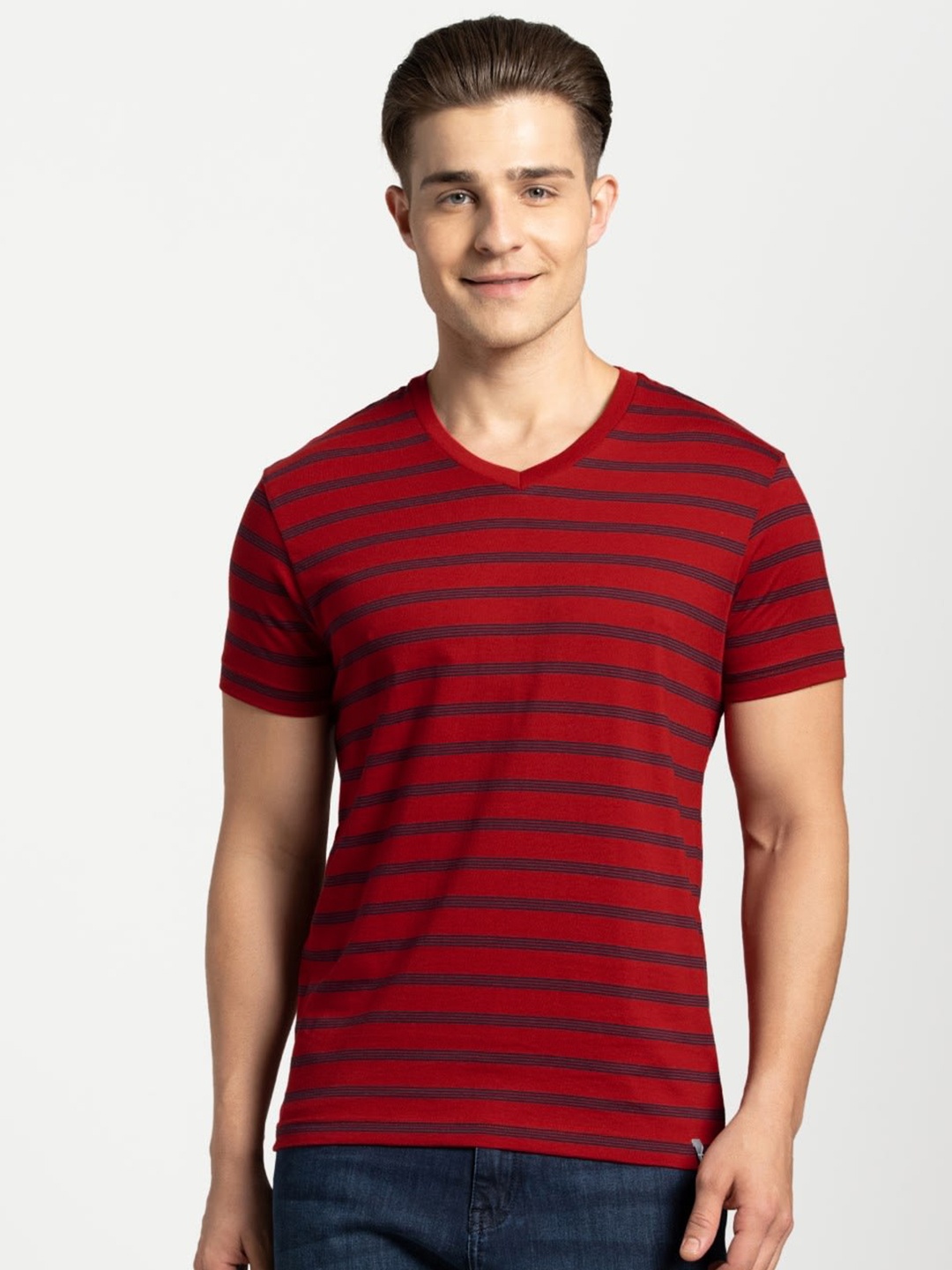 

Jockey Men Red & Navy Blue Striped V-Neck T-shirt