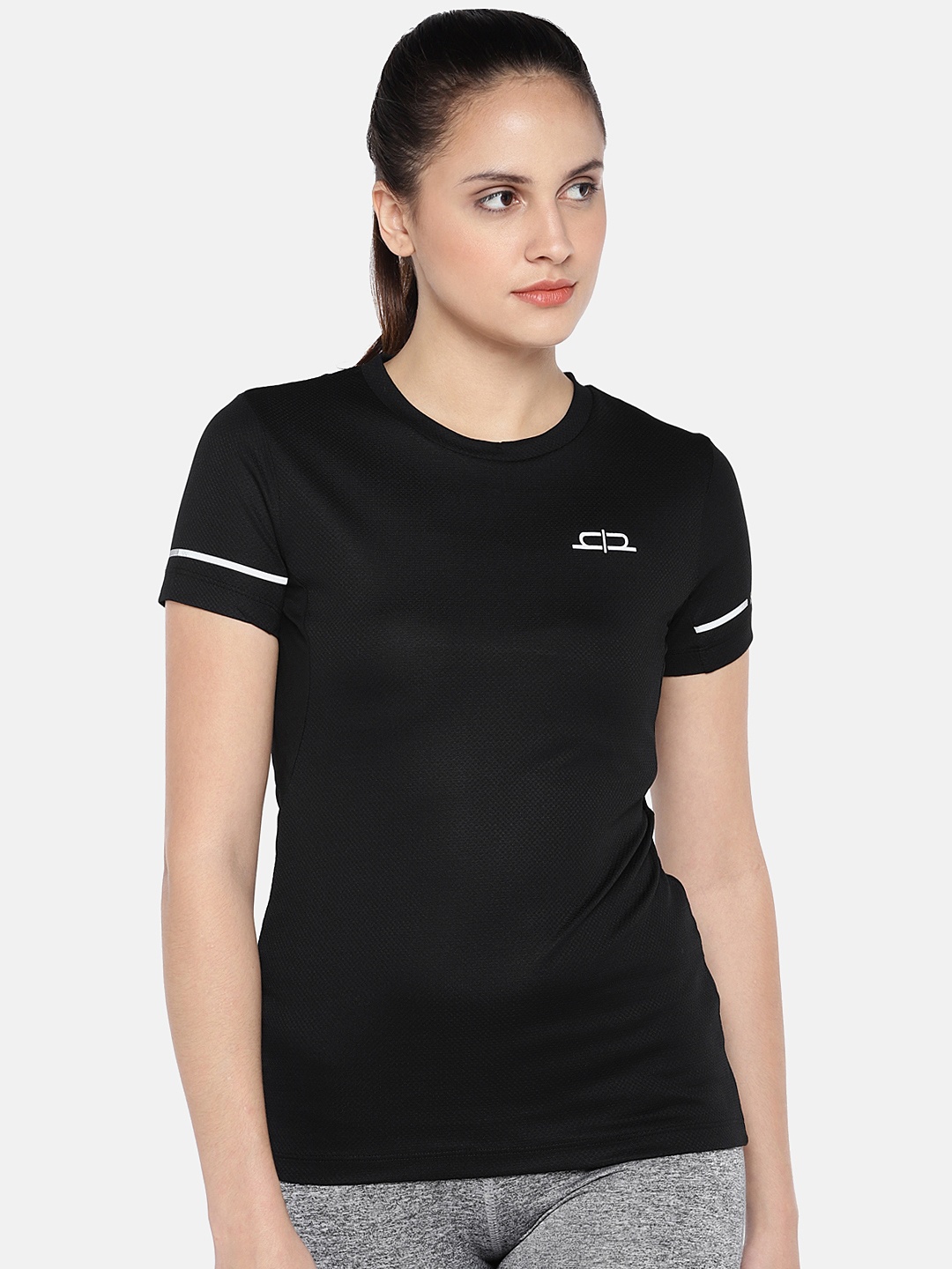 

Heelium Women Black Self Design Round Neck T-shirt