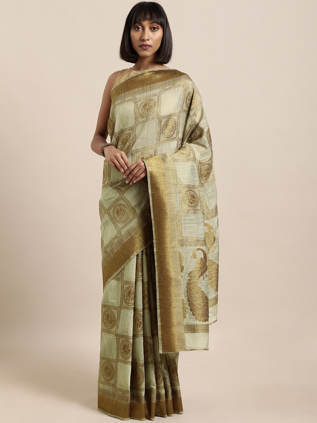 

Mitera Beige Silk Cotton Woven Design Kanjeevaram Saree