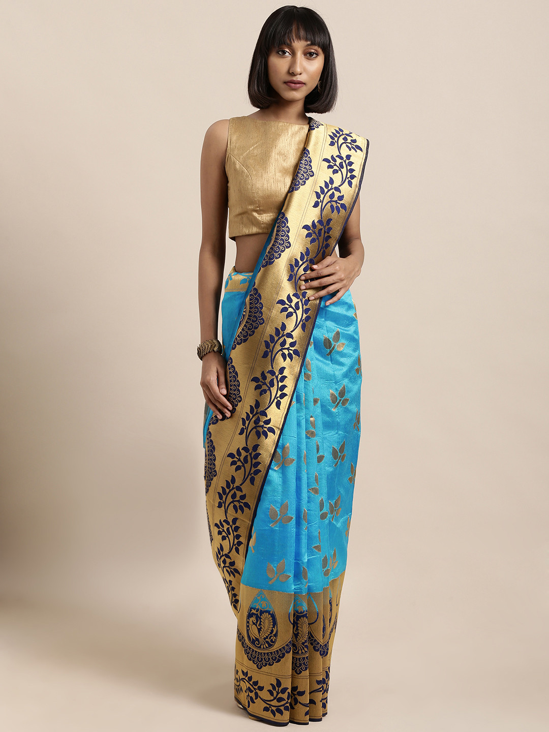 

Mitera Blue Silk Cotton Woven Design Kanjeevaram Saree