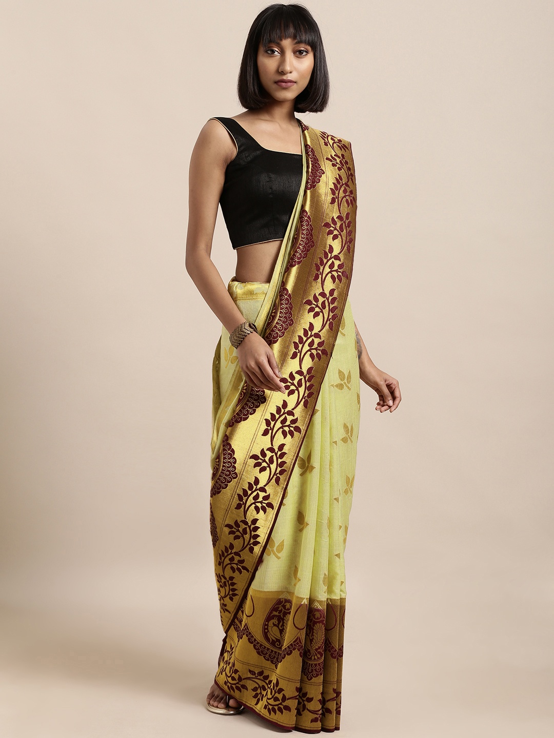 

Mitera Sea Green & Burgundy Silk Cotton Woven Design Kanjeevaram Saree