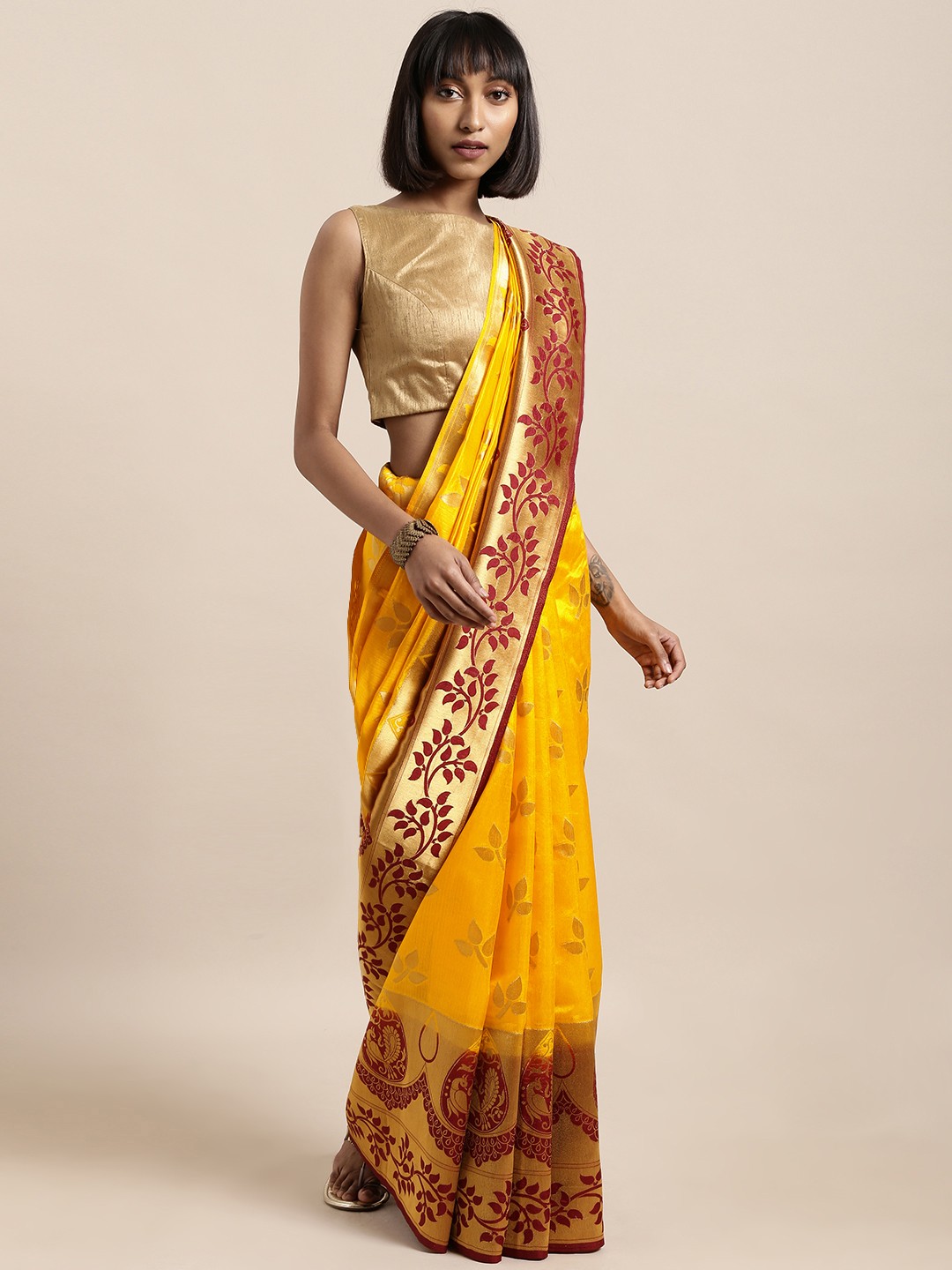 

Mitera Yellow & Maroon Silk Cotton Woven Design Kanjeevaram Saree