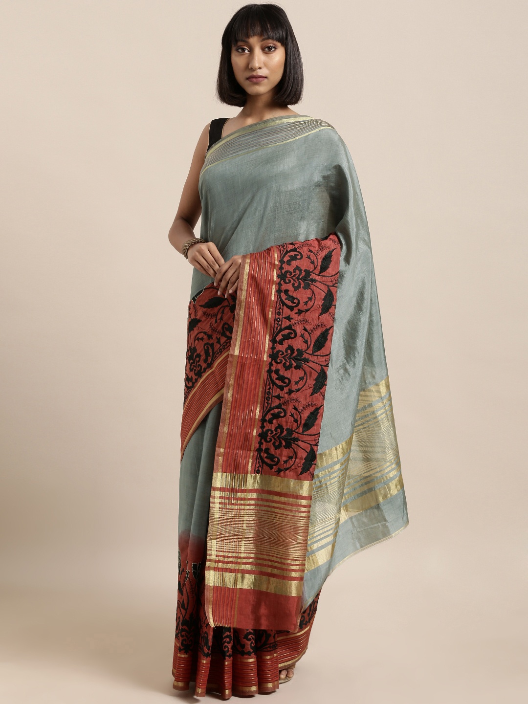 

Mitera Grey & Red Silk Cotton Embroidered Saree