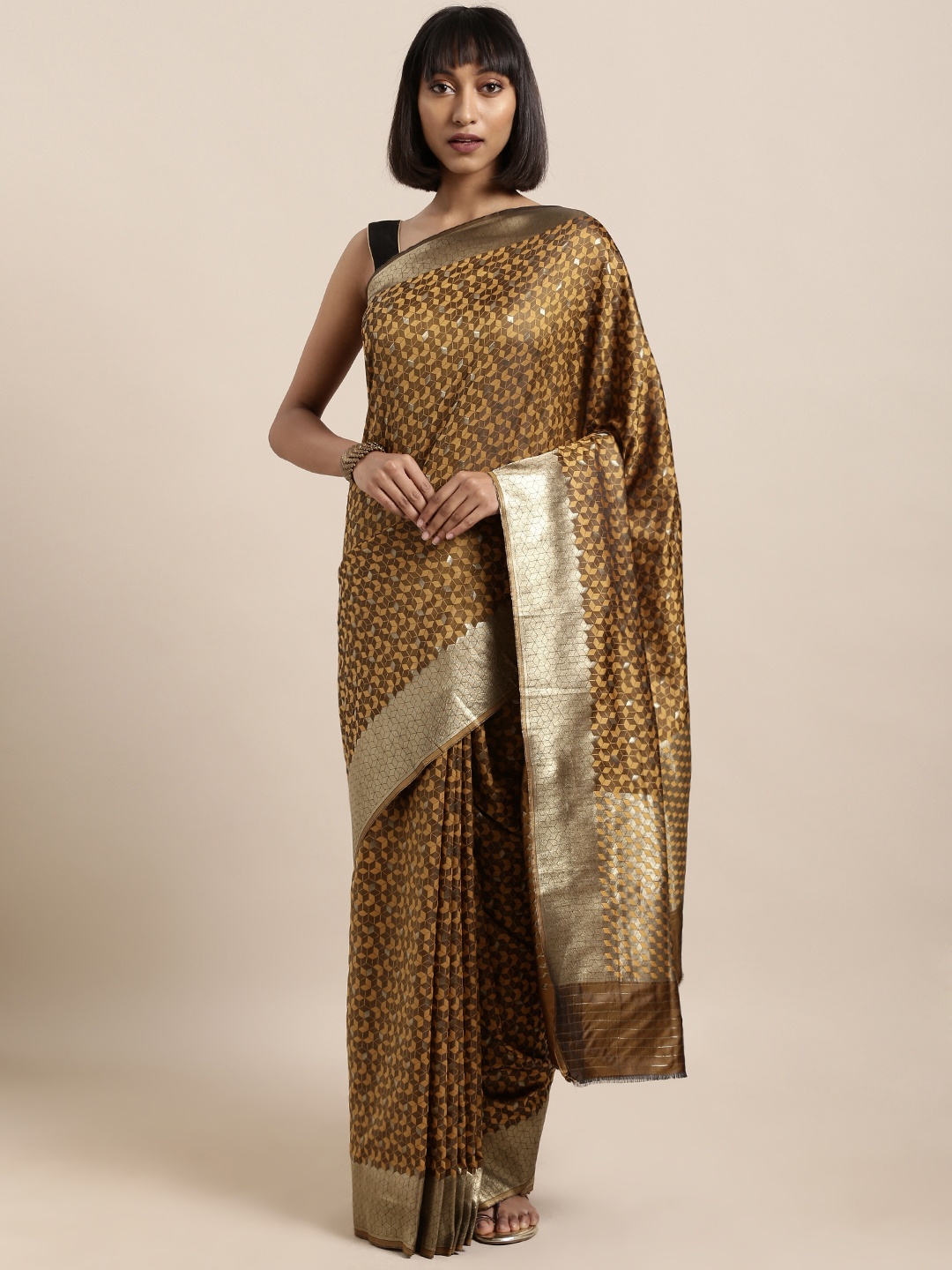 

Mitera Mustard Yellow & Brown Silk Blend Woven Design Kanjeevaram Saree