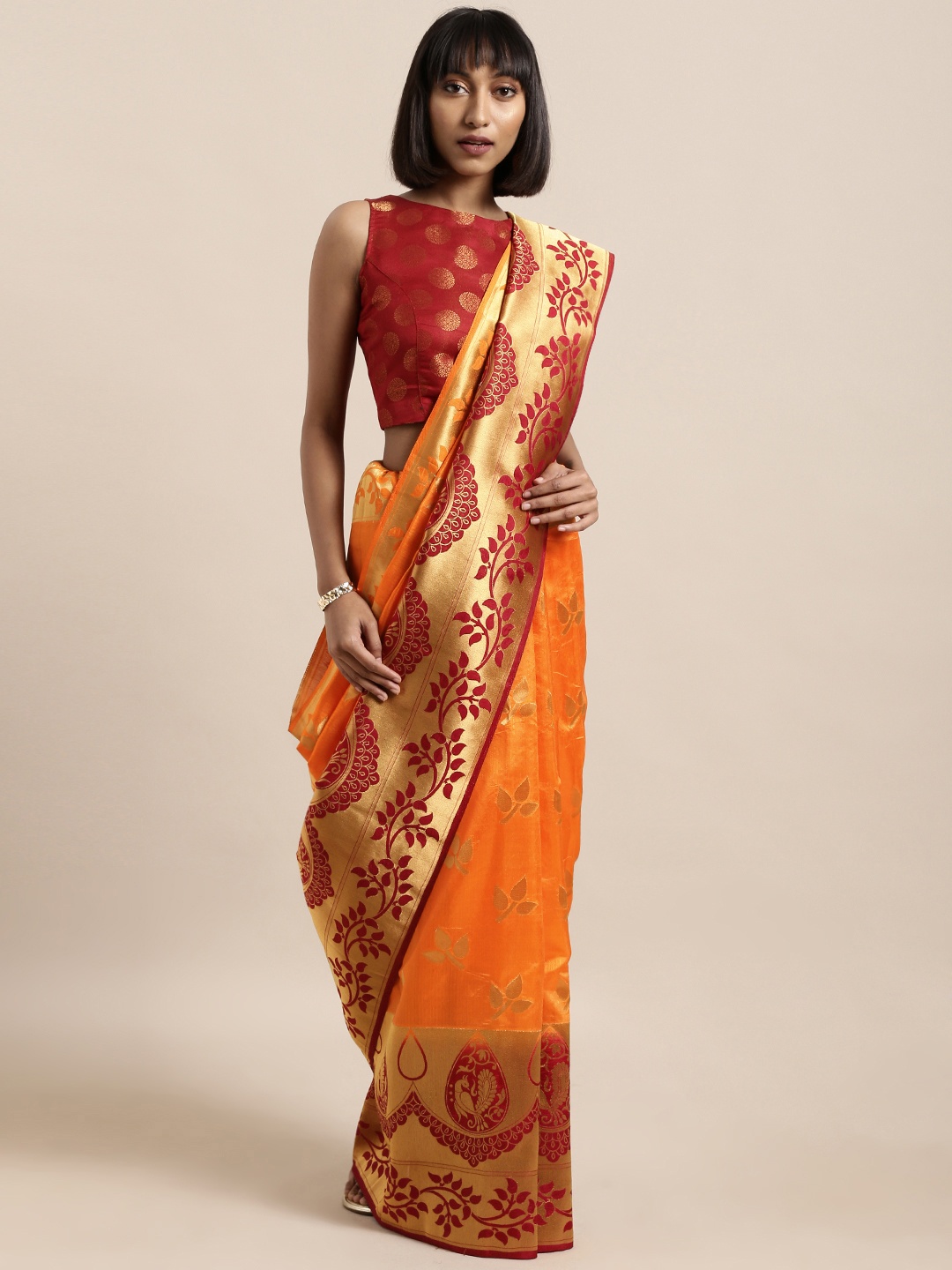 

Mitera Orange & Maroon Silk Cotton Woven Design Kanjeevaram Saree