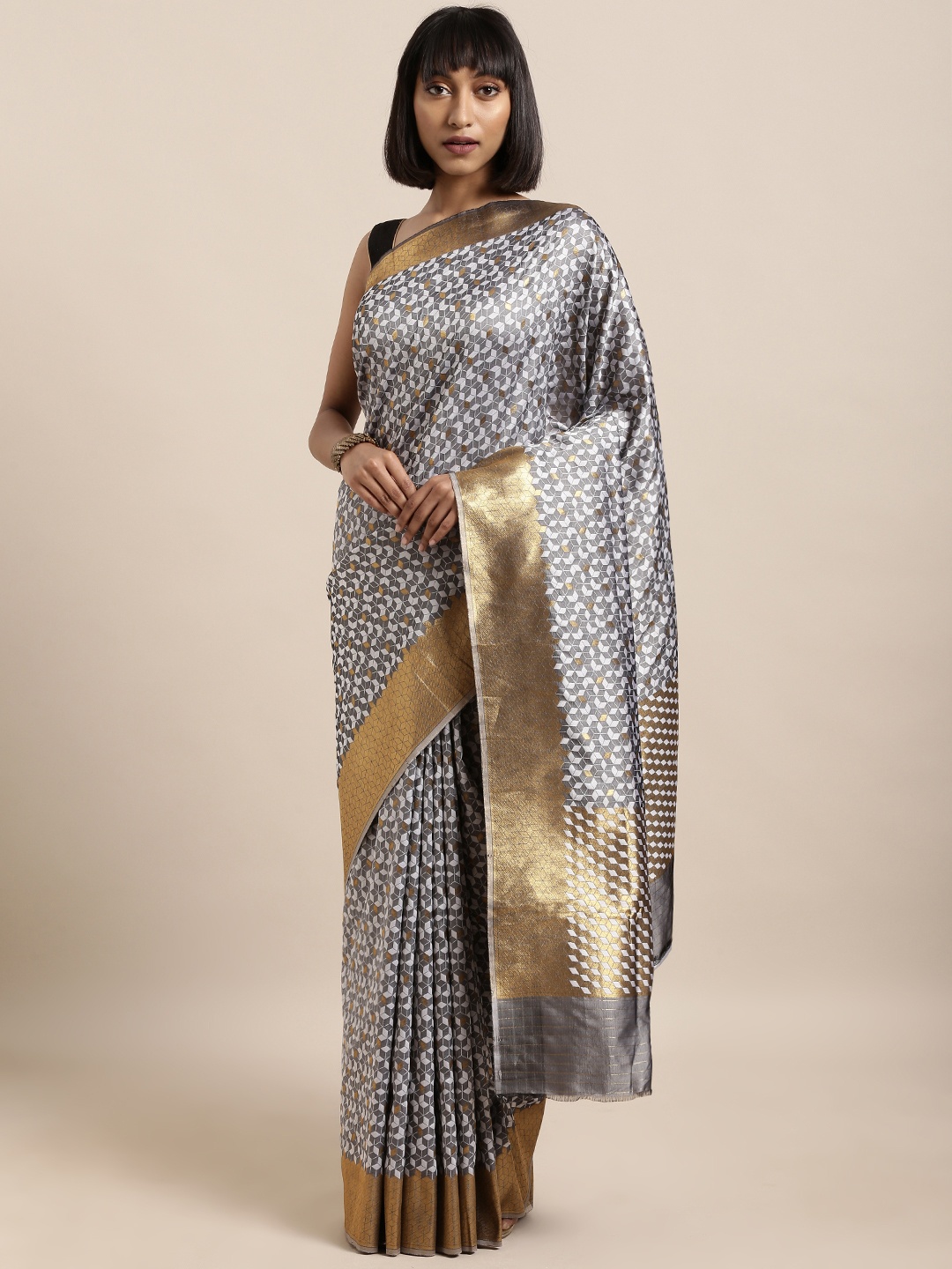 

Mitera Grey & White Silk Blend Woven Design Kanjeevaram Saree