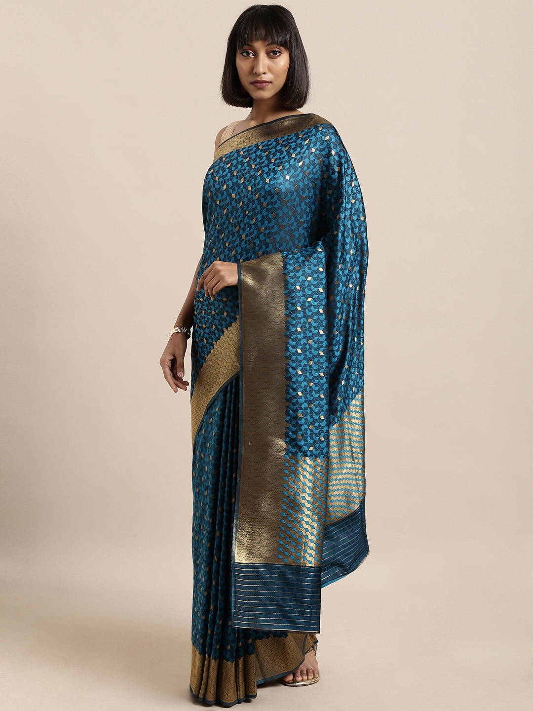 

Mitera Navy Blue Silk Blend Woven Design Kanjeevaram Saree