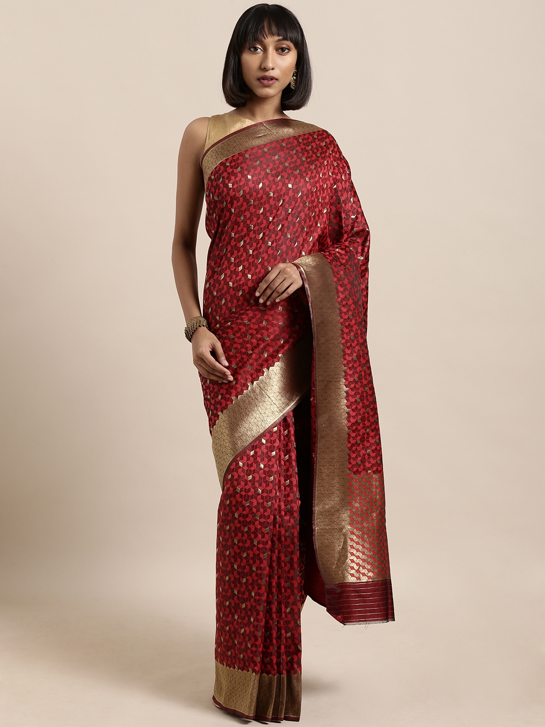 

Mitera Maroon & Golden Silk Blend Woven Design Kanjeevaram Saree