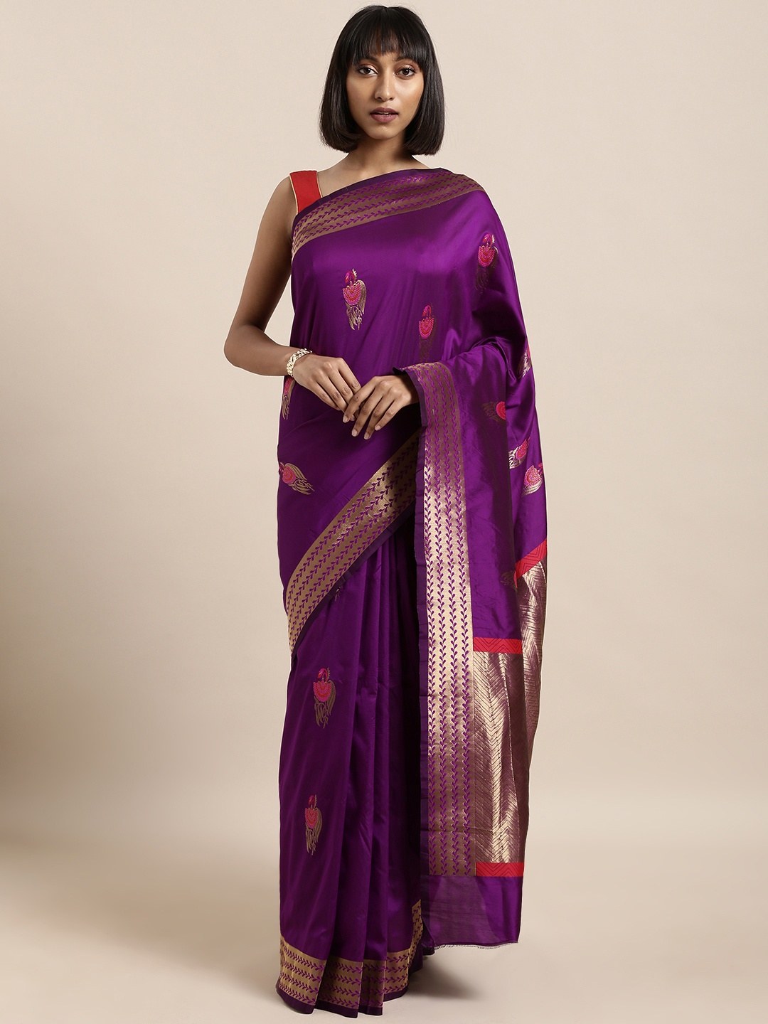 

Mitera Purple & Pink Silk Blend Woven Design Kanjeevaram Saree