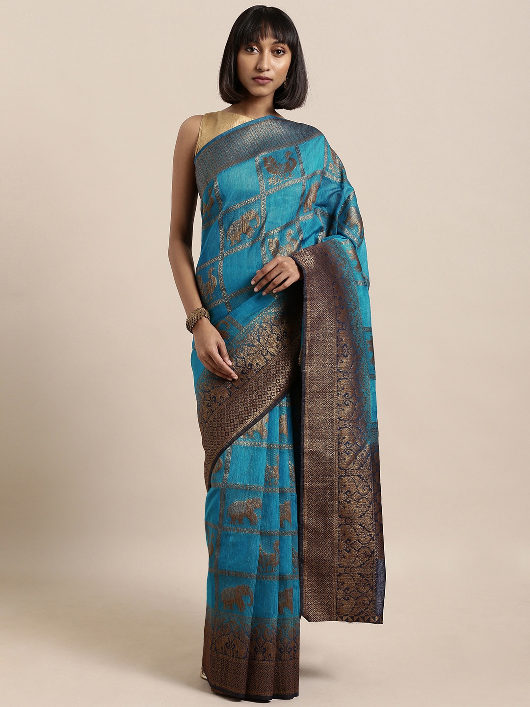

Mitera Blue & Gold-Toned Silk Cotton Woven Design Kanjeevaram Saree