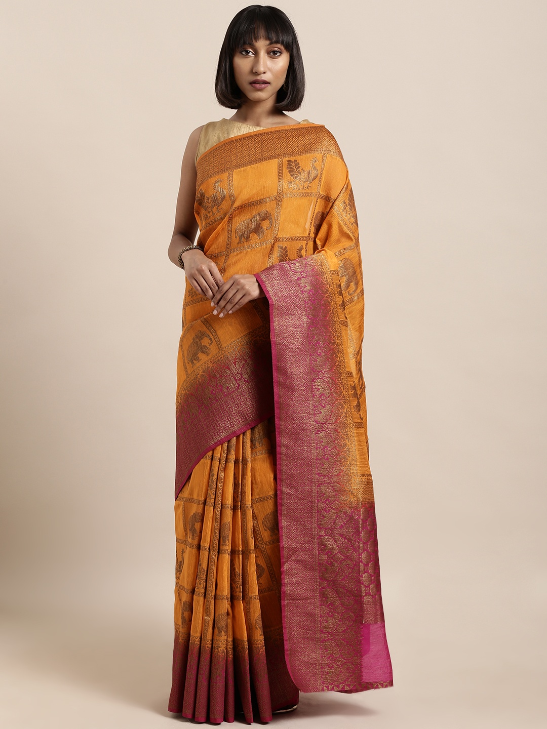 

Mitera Orange & Pink Silk Cotton Woven Design Kanjeevaram Saree