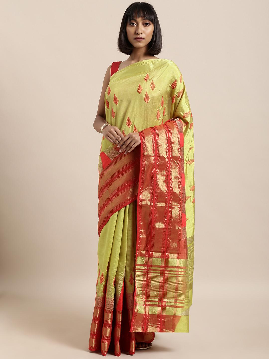 

Mitera Mustard Yellow & Red Silk Cotton Embroidered Saree
