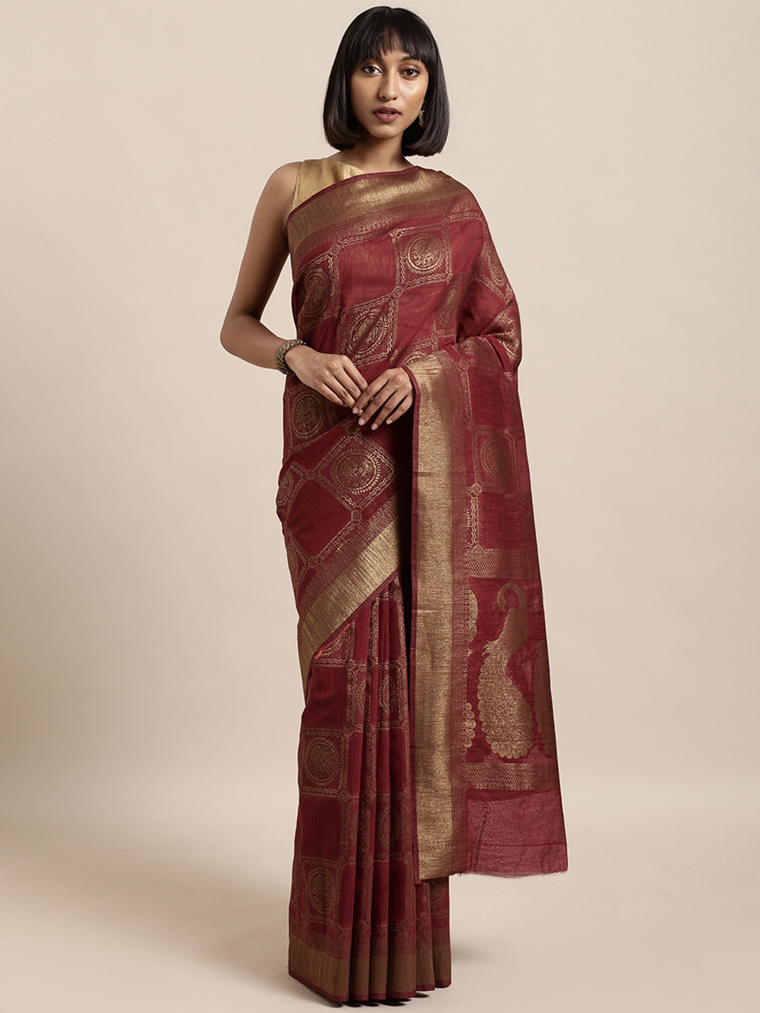 

Mitera Maroon & Gold-Toned Silk Cotton Woven Design Kanjeevaram Saree