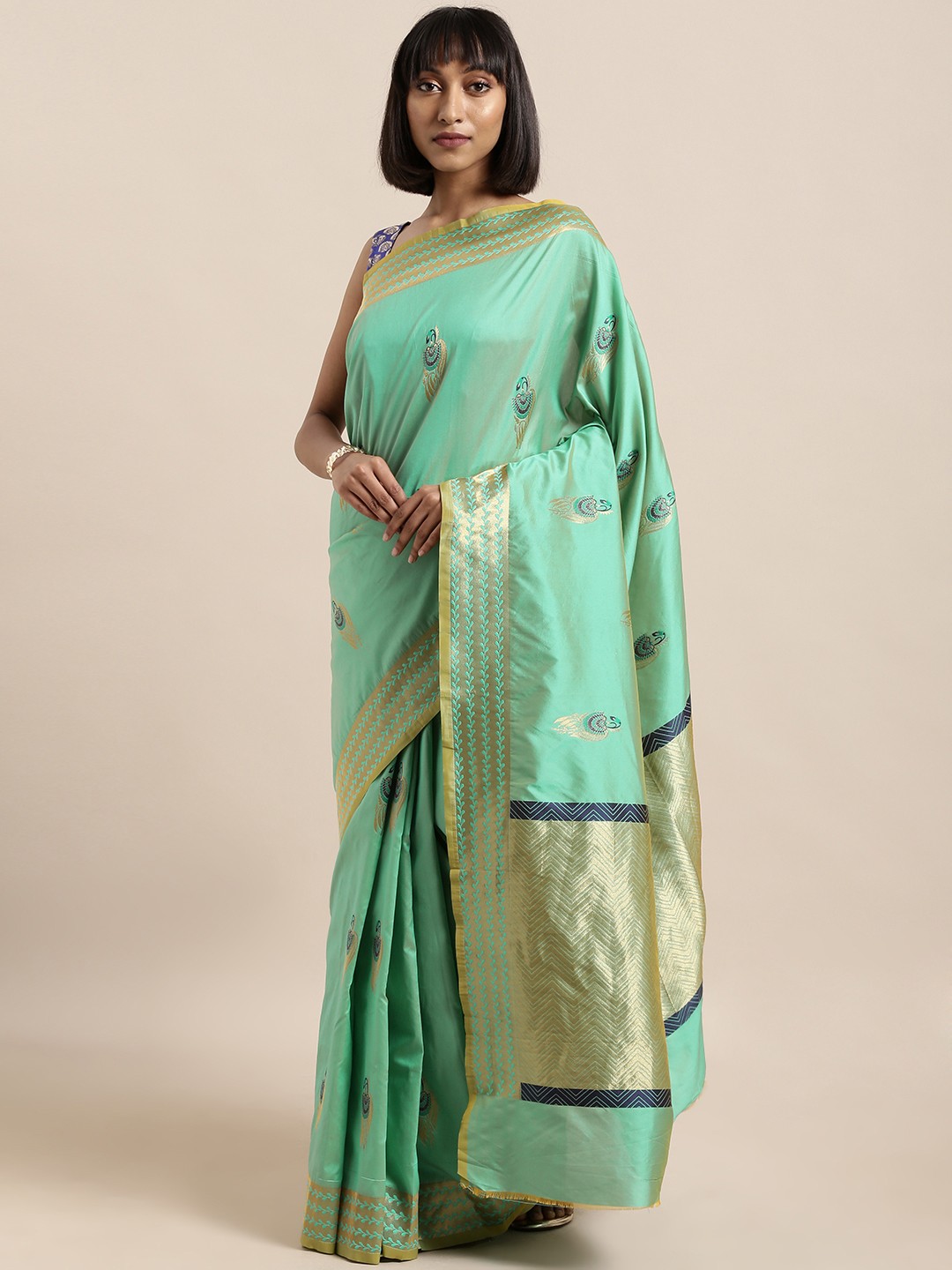 

Mitera Sea Green & Gold-Coloured Silk Blend Woven Design Kanjeevaram Saree