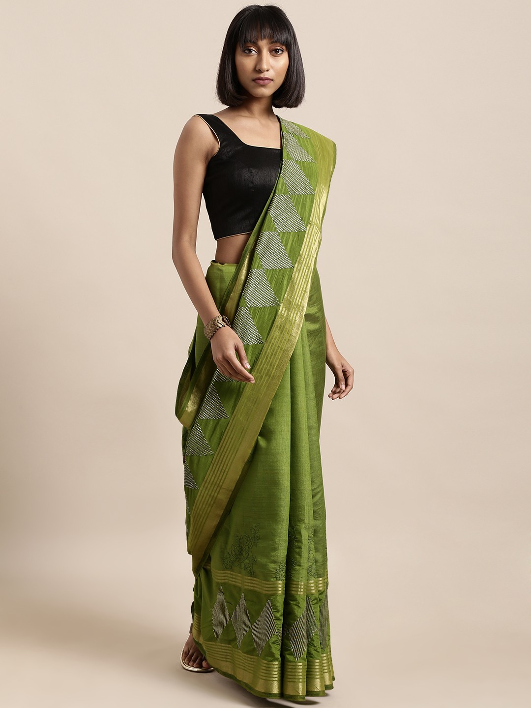

Mitera Olive Green & Gold-Toned Silk Cotton Embroidered Saree
