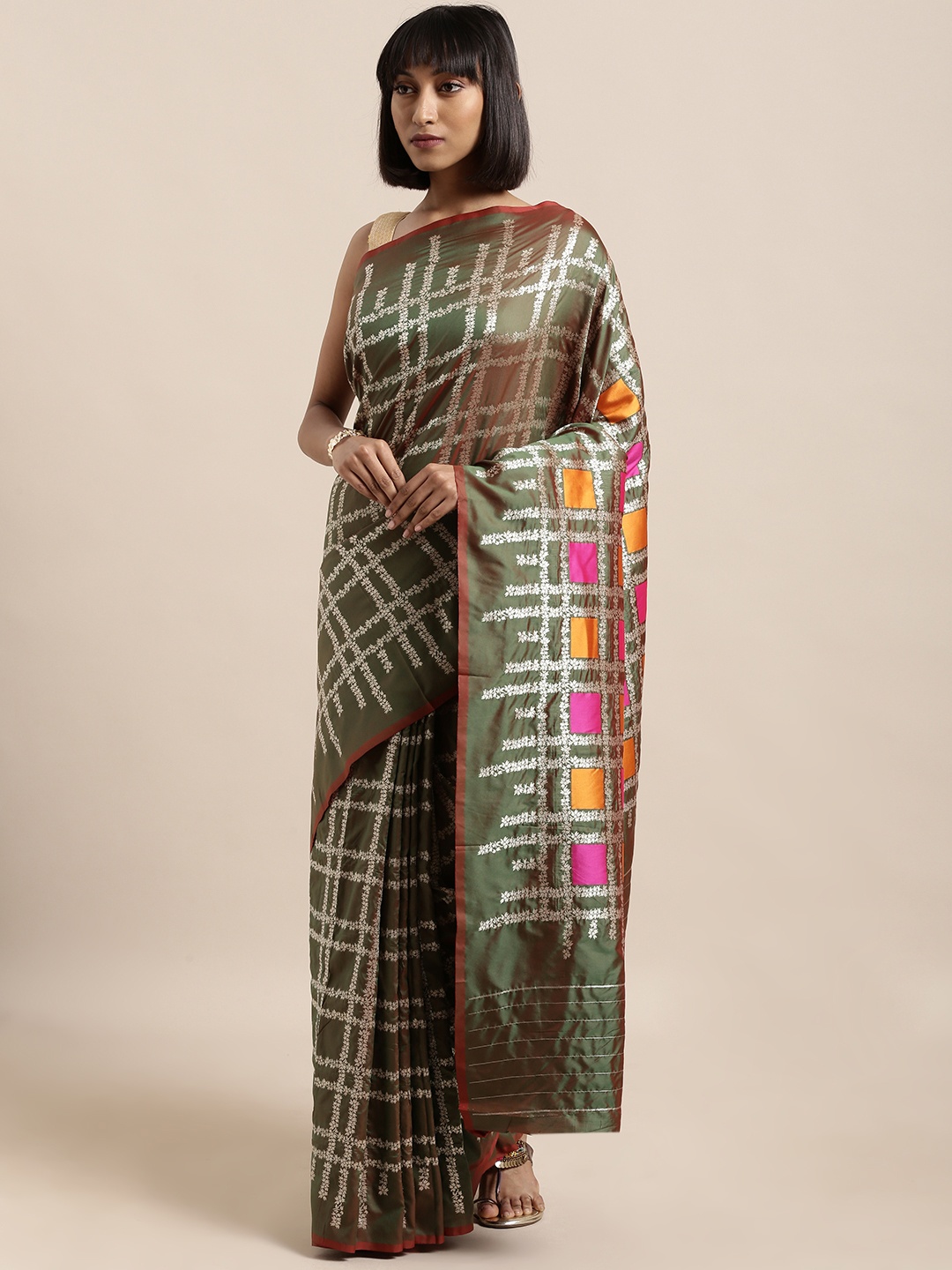 

Mitera Olive Green & White Silk Blend Checked Kanjeevaram Saree