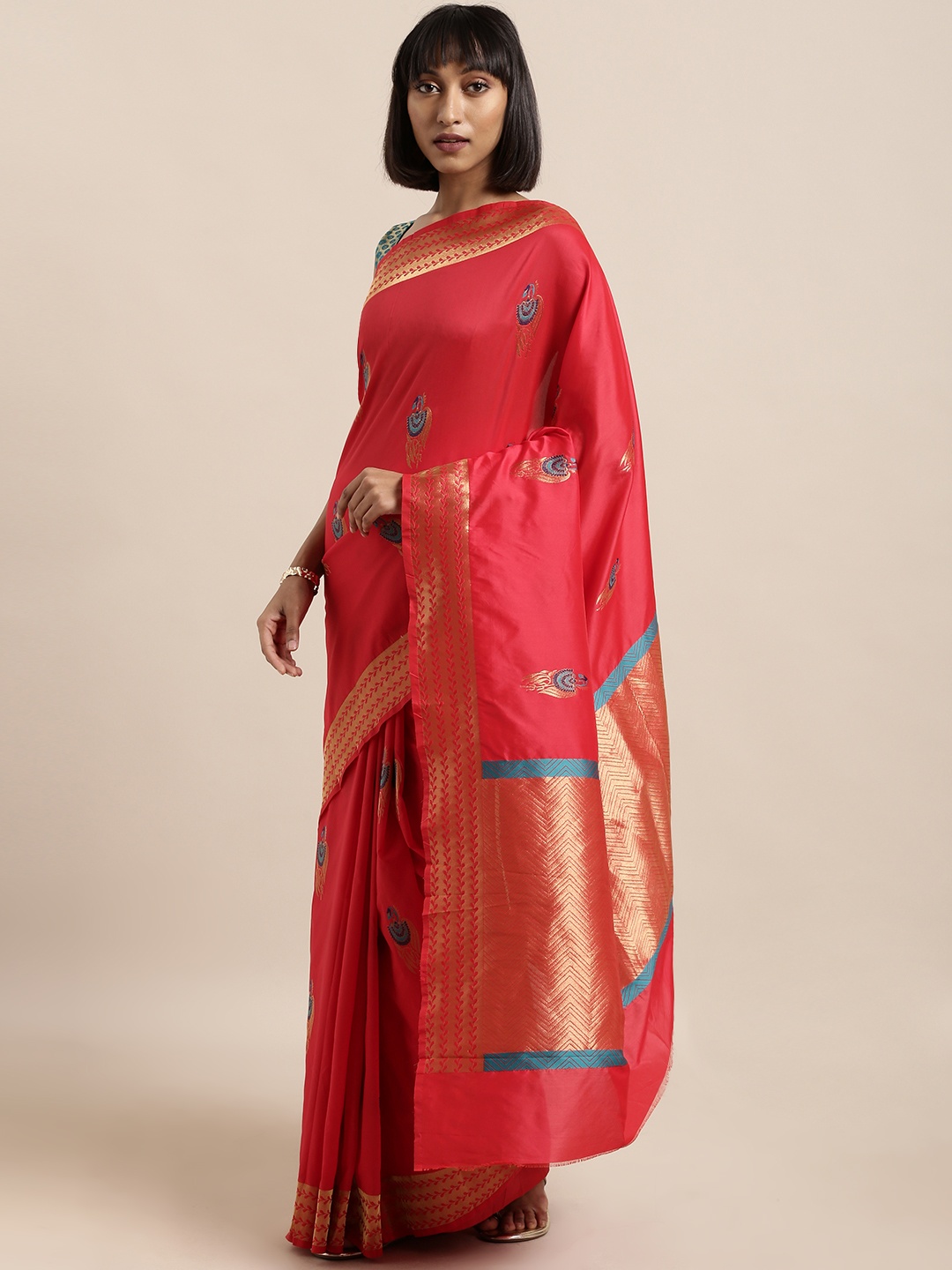 

Mitera Red & Blue Silk Blend Woven Design Kanjeevaram Saree