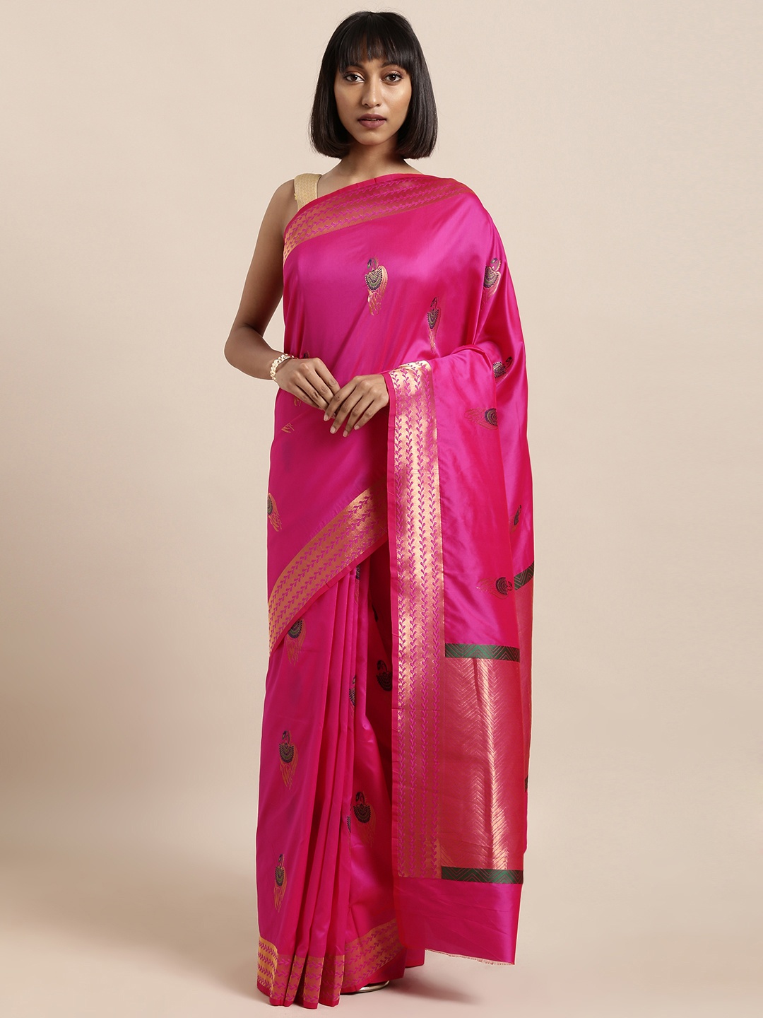 

Mitera Pink & Green Silk Blend Woven Design Kanjeevaram Saree