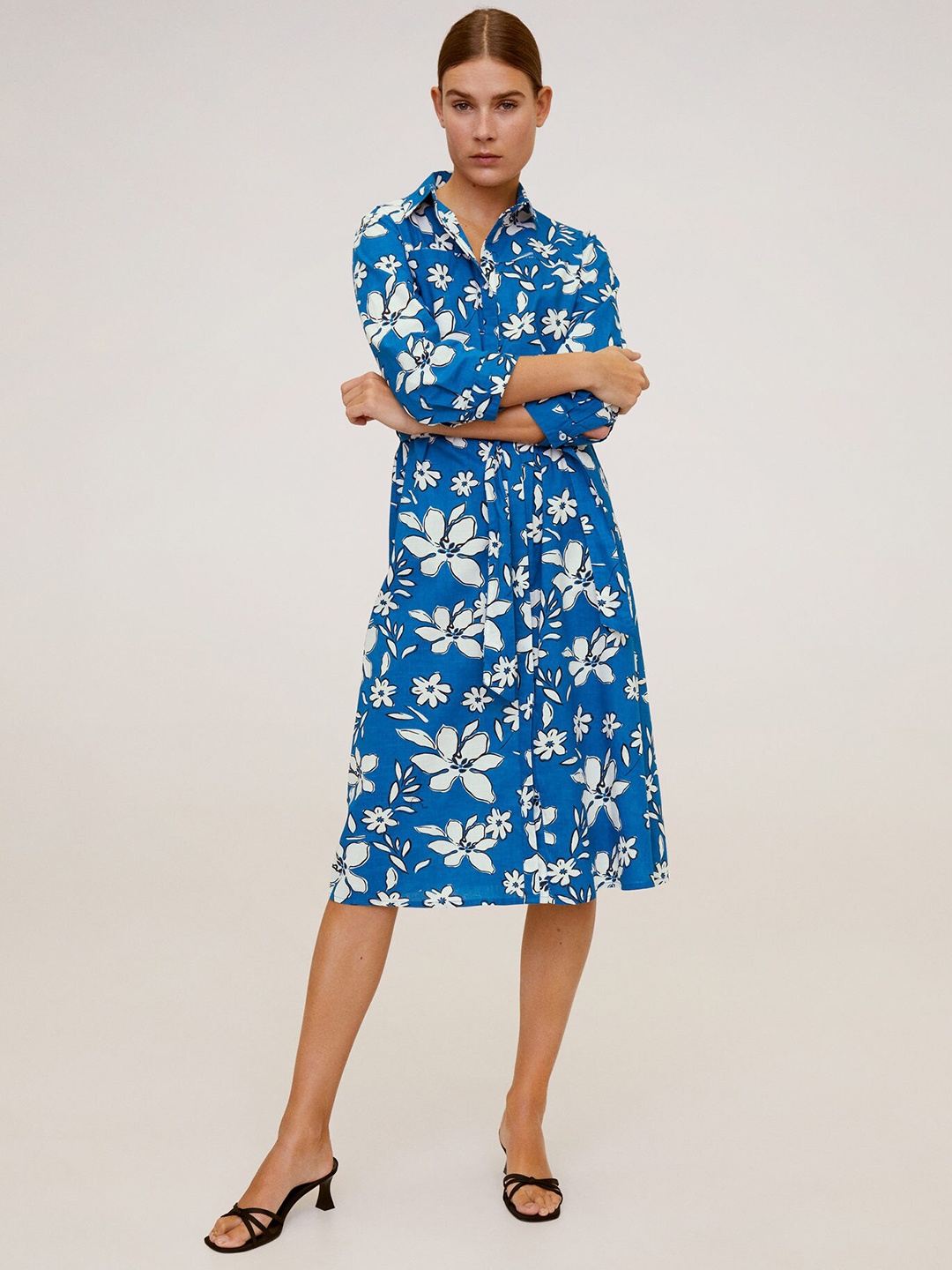 

MANGO Women Blue & White Floral Print Shirt Dress with Belt