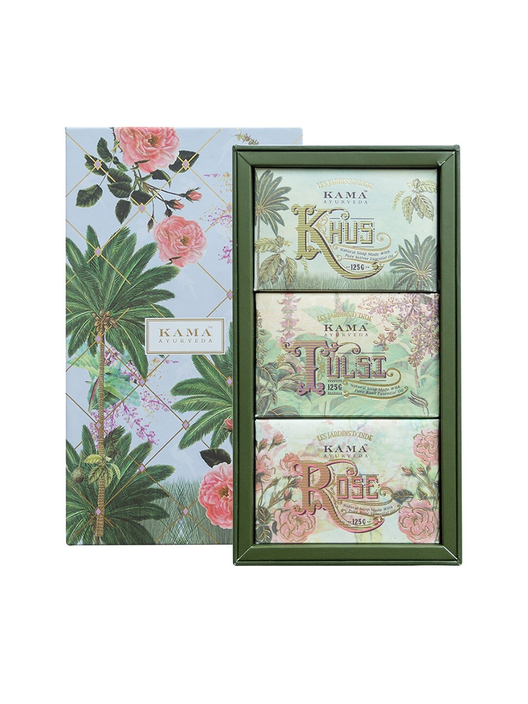 

KAMA AYURVEDA Unisex Set of 3 Gardens of India Signature Soap Sustainable Gift Box 125 gm each, Blue