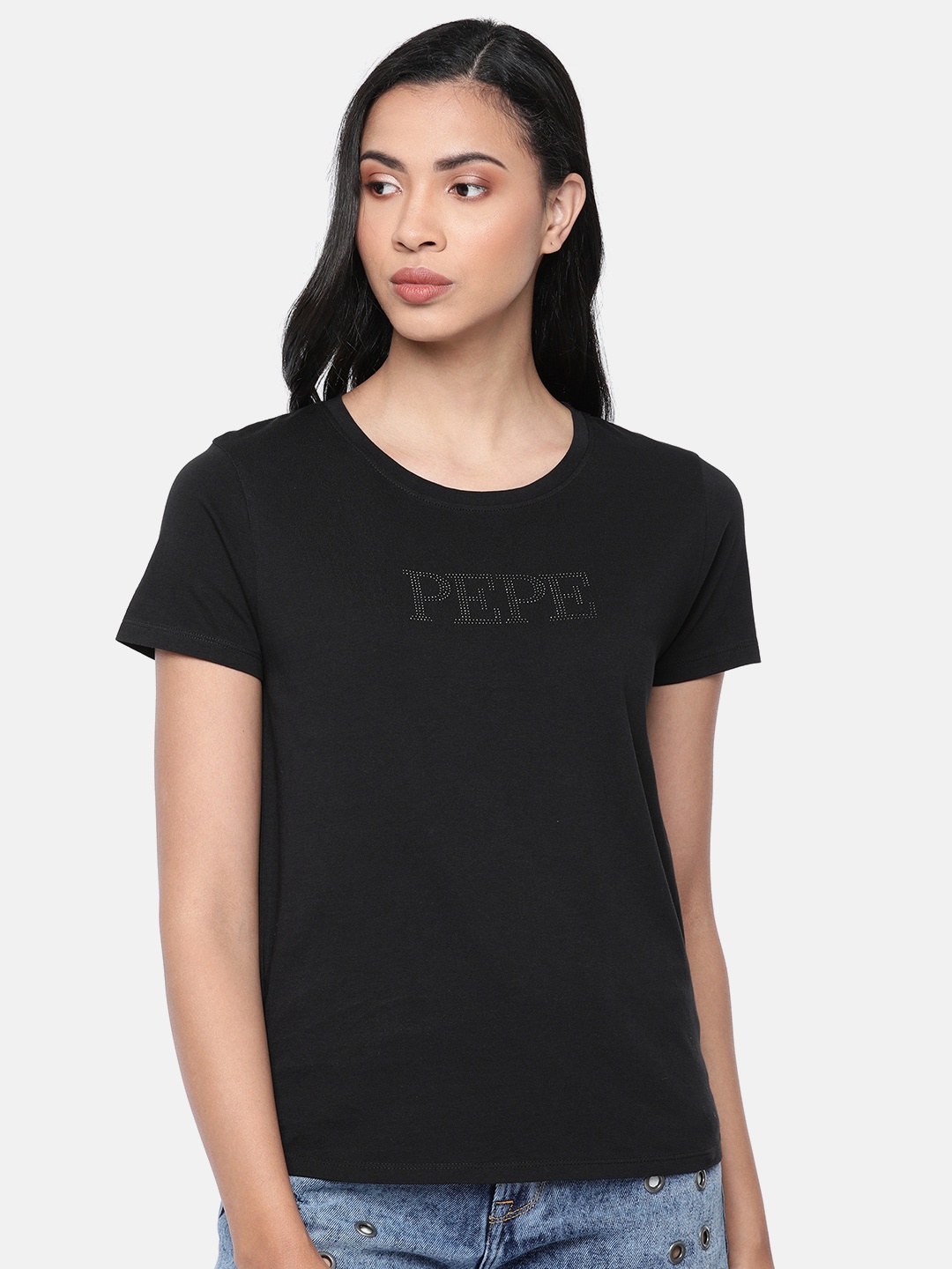 

Pepe Jeans Women Black Ramiro Embellished Round Neck Pure Cotton T-shirt