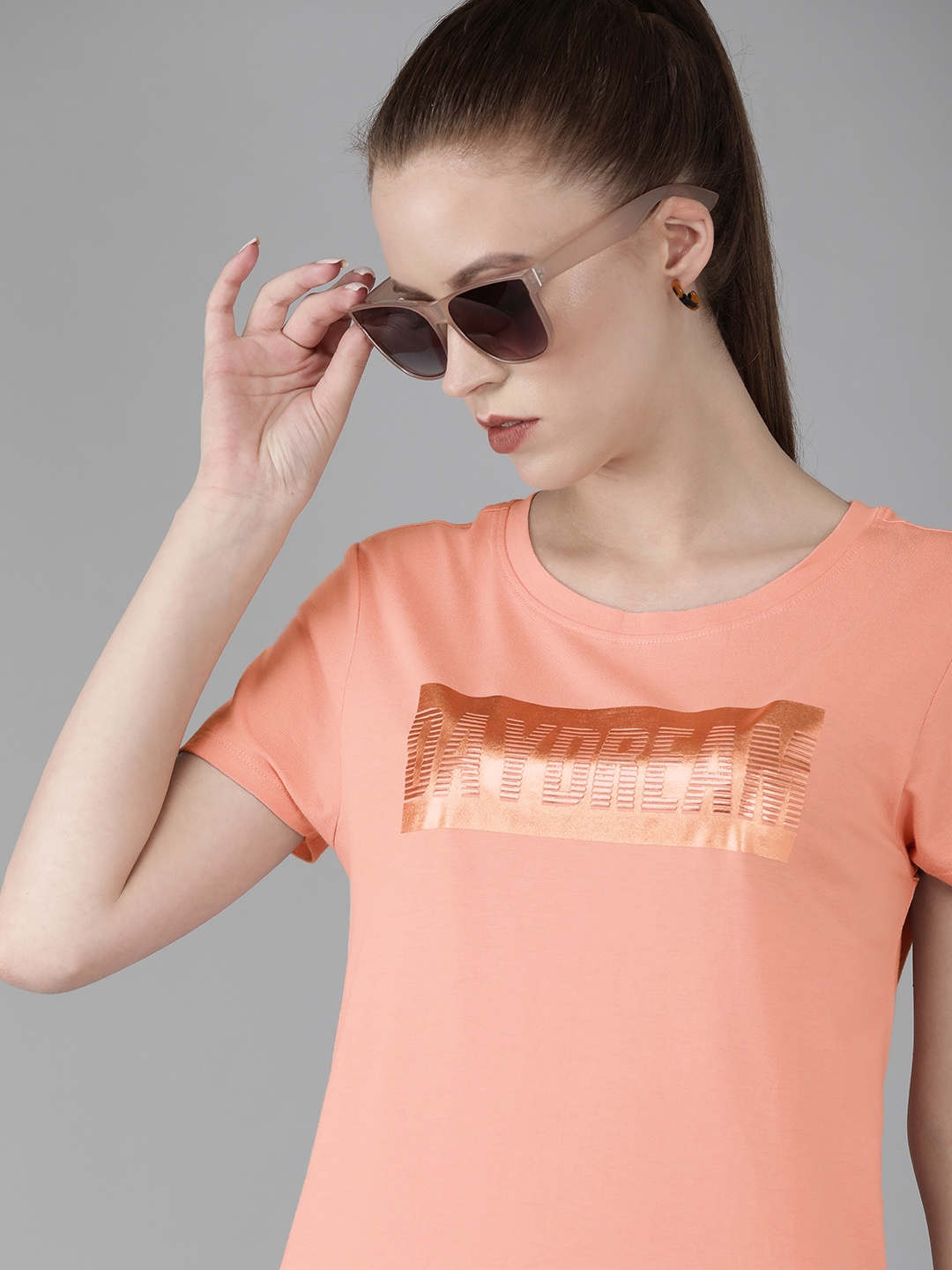 

Pepe Jeans Women Peach-Coloured Printed Round Neck T-shirt