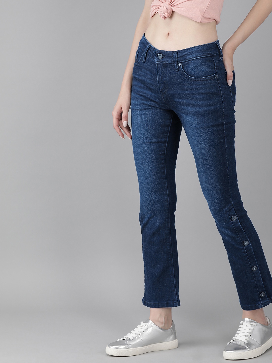 

Pepe Jeans Women Blue Gail Slim Fit High-Rise Clean Look Stretchable Cropped Flare Jeans