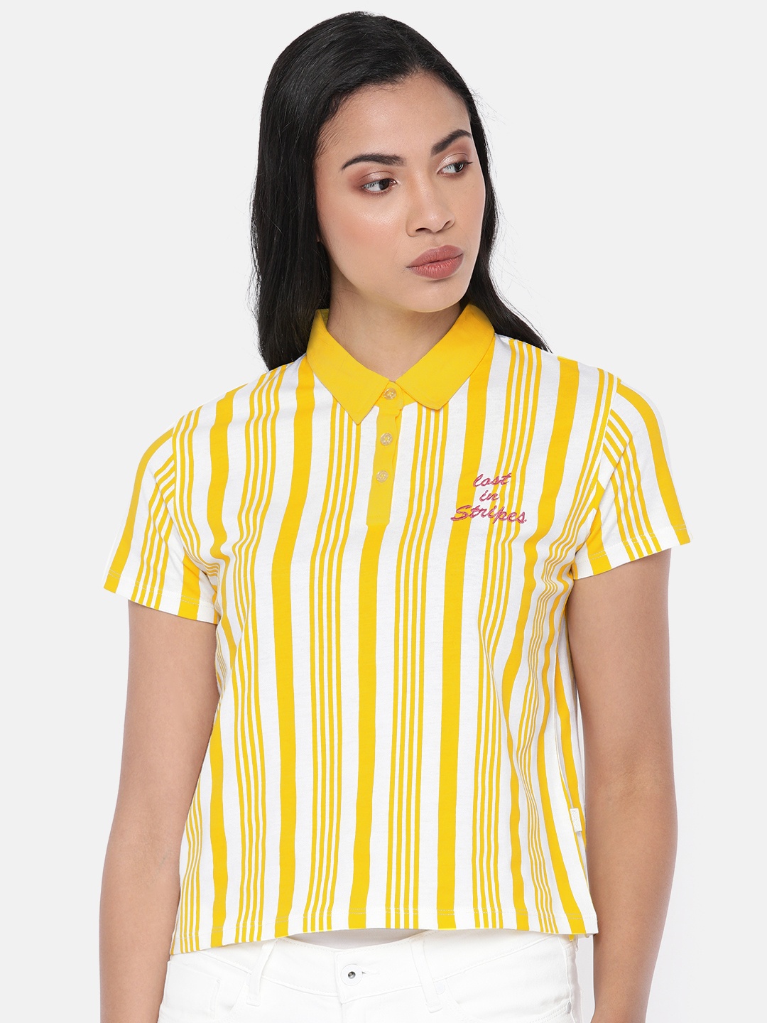 

Pepe Jeans Women Yellow White Esra Striped Polo Collar Pure Cotton T-shirt