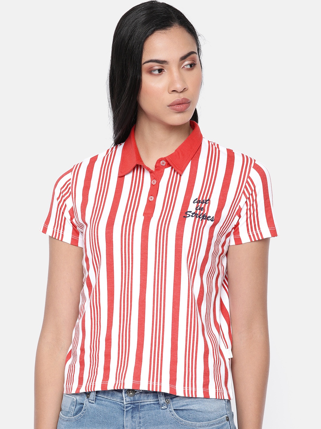 

Pepe Jeans Women Coral Red White Esra Striped Polo Collar Pure Cotton T-shirt