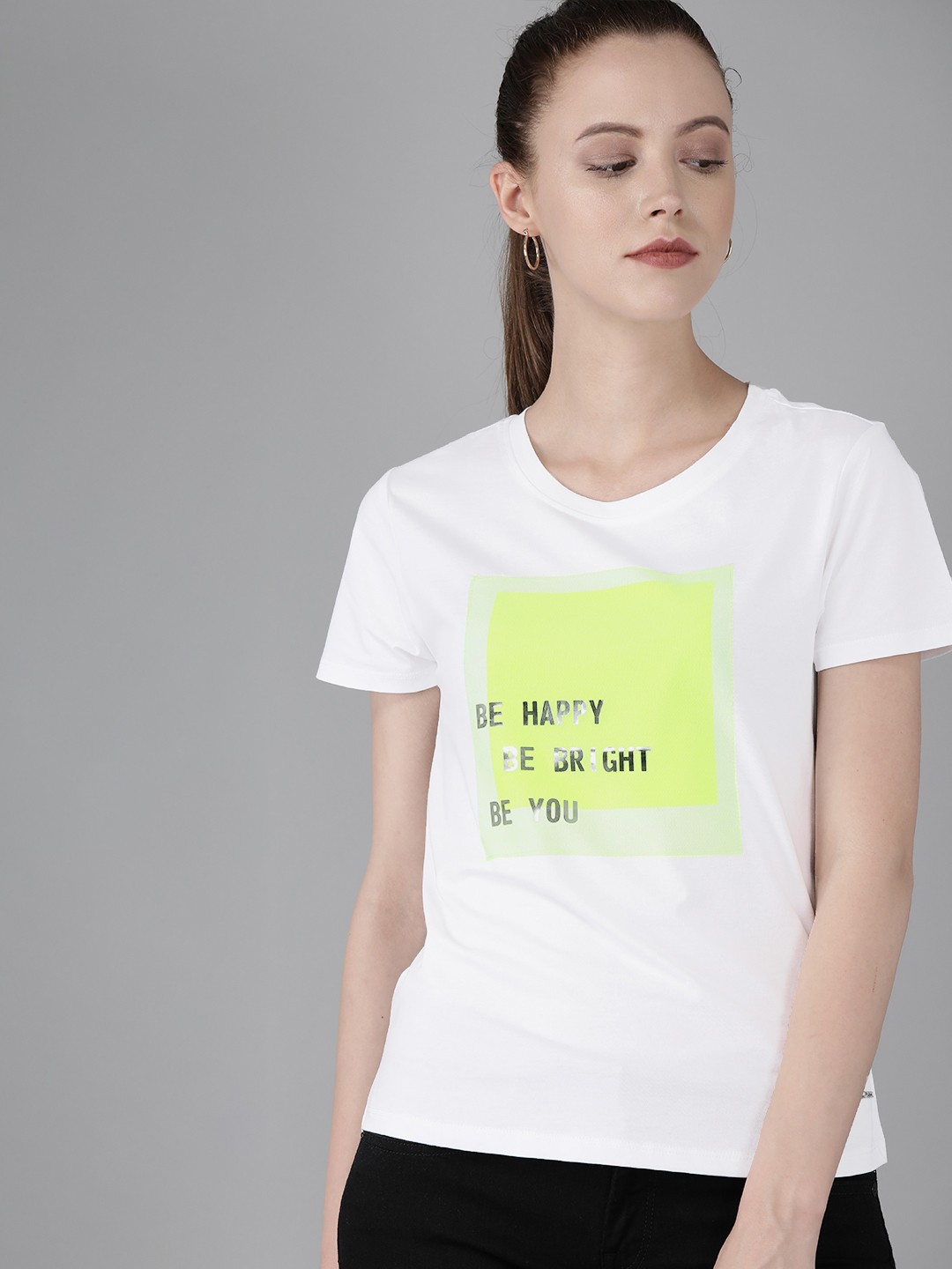 

Pepe Jeans Women White Printed Round Neck Pure Cotton T-shirt With Mesh Detailing