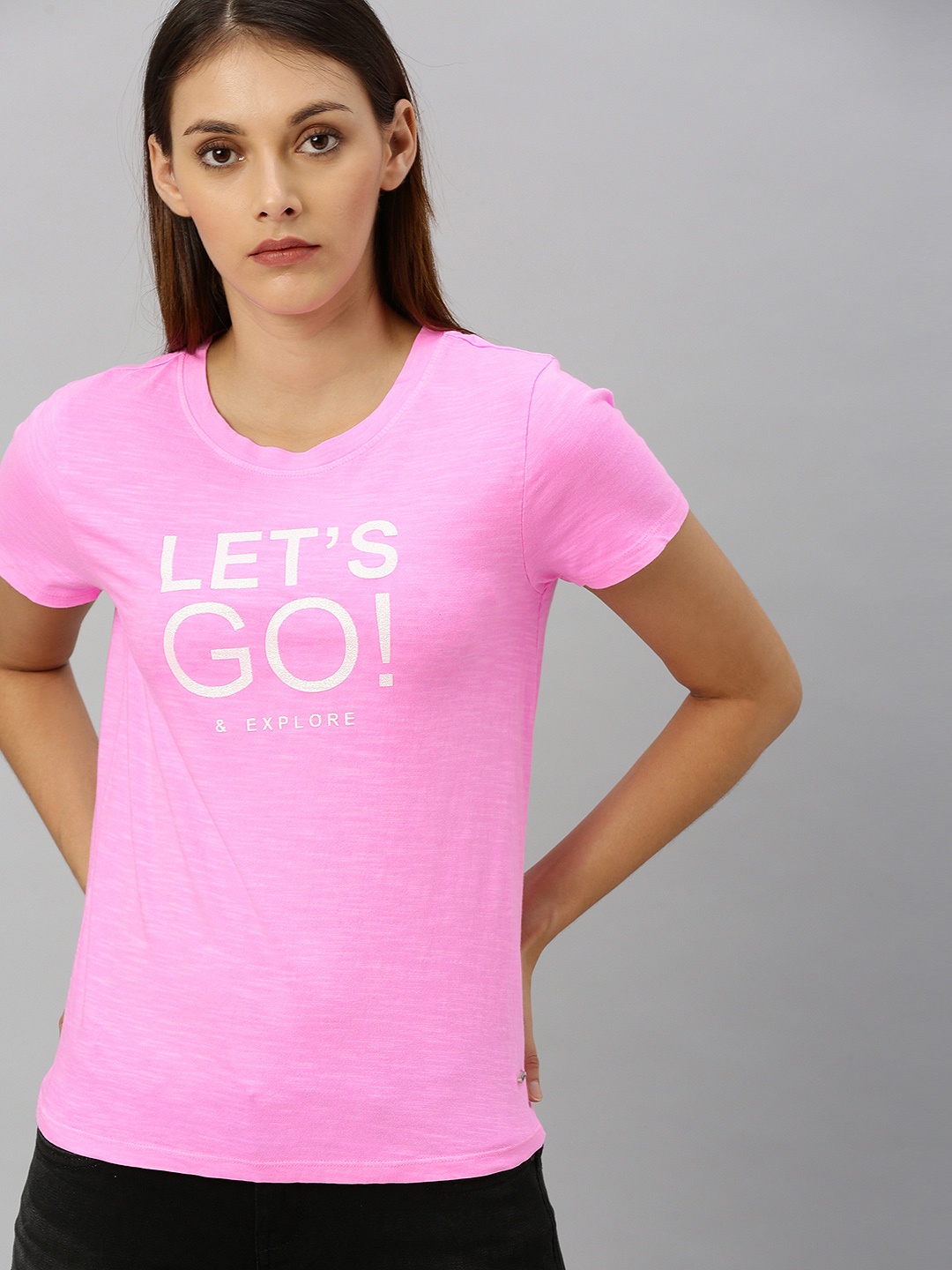 

Pepe Jeans Women Pink Printed Round Neck Pure Cotton T-shirt